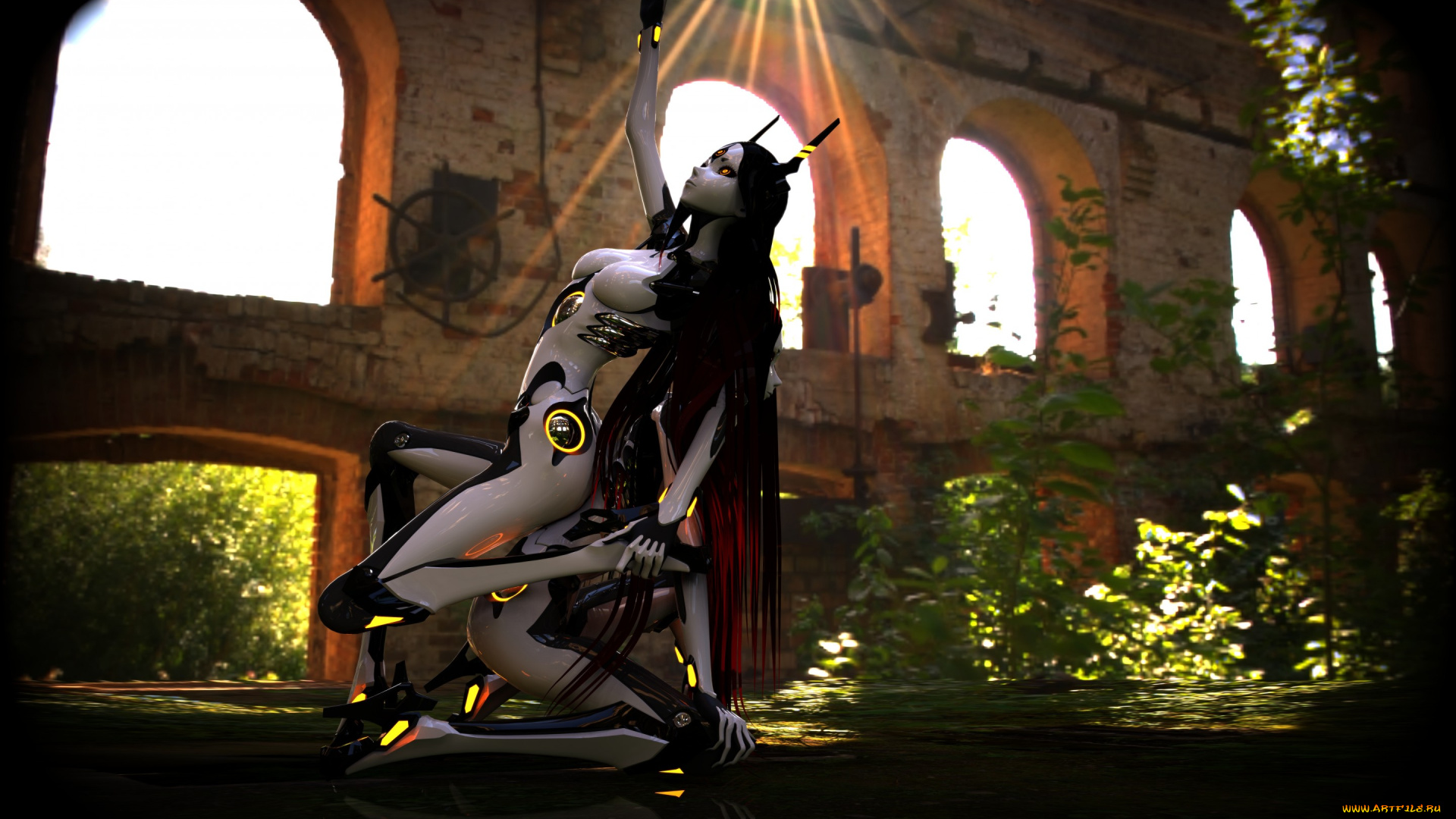 фэнтези, роботы, , киборги, , механизмы, tri-oxygen, luka, vocaloid, девушки, вокалоид, робот, растения, здание