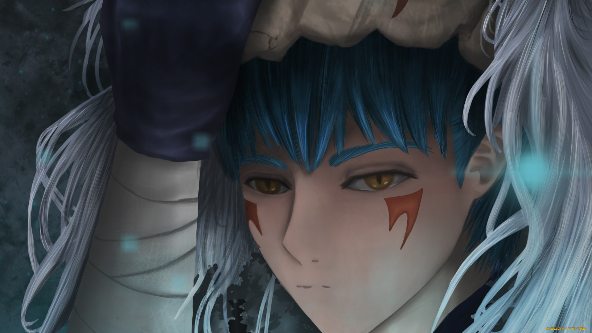 разное, арты, маска, синий, дракон, парень, аниме, рассвет, йоны, арт, взгляд