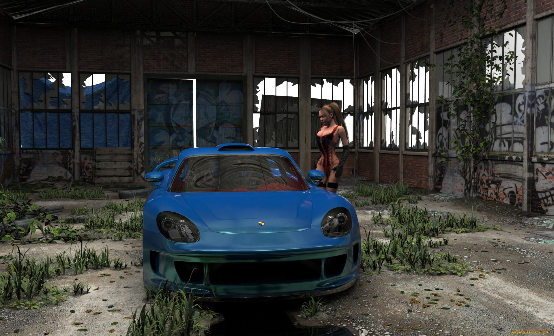 автомобили, 3d, car&girl, автомобиль, фон, взгляд, девушка