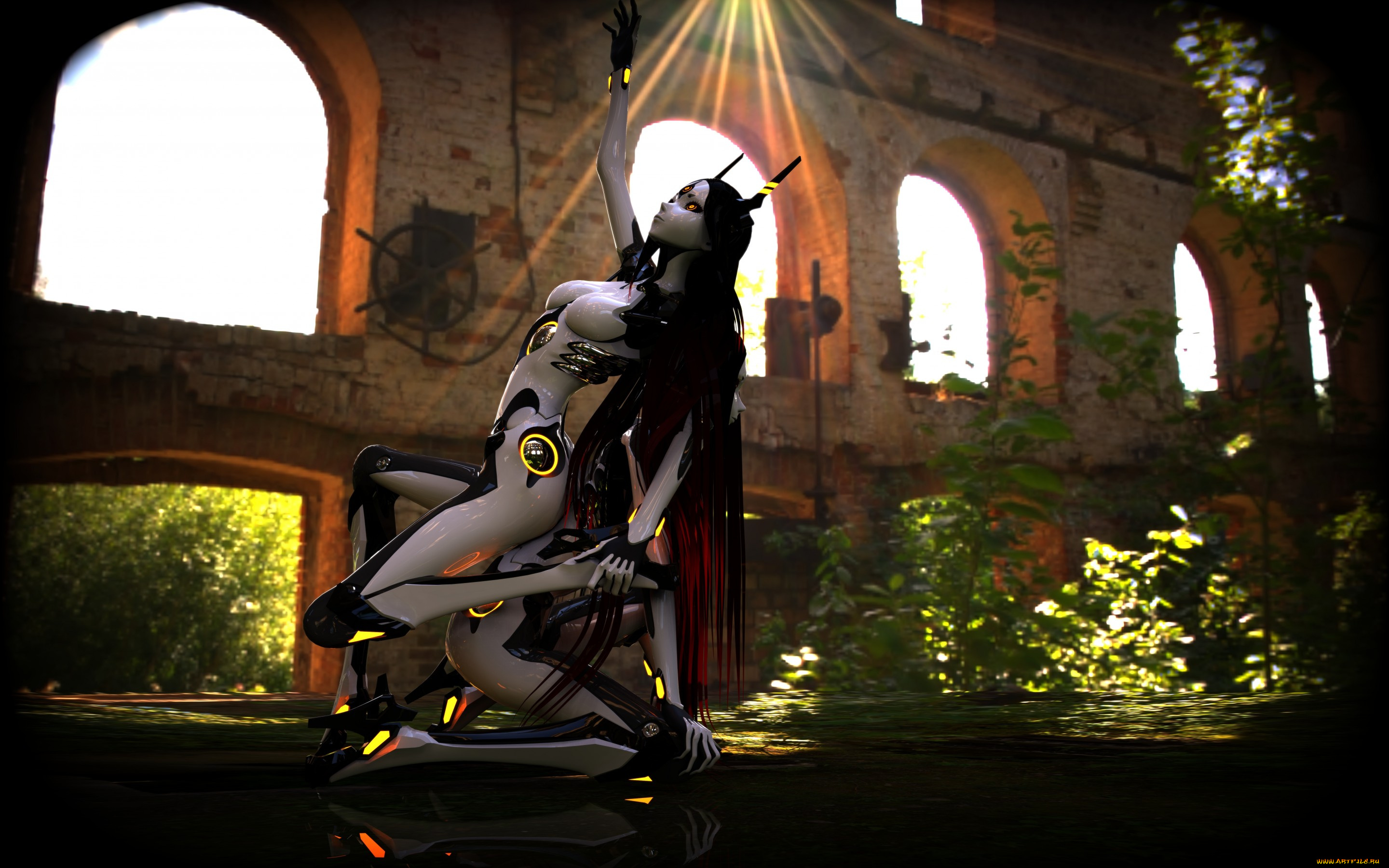 фэнтези, роботы, , киборги, , механизмы, tri-oxygen, luka, vocaloid, девушки, вокалоид, робот, растения, здание