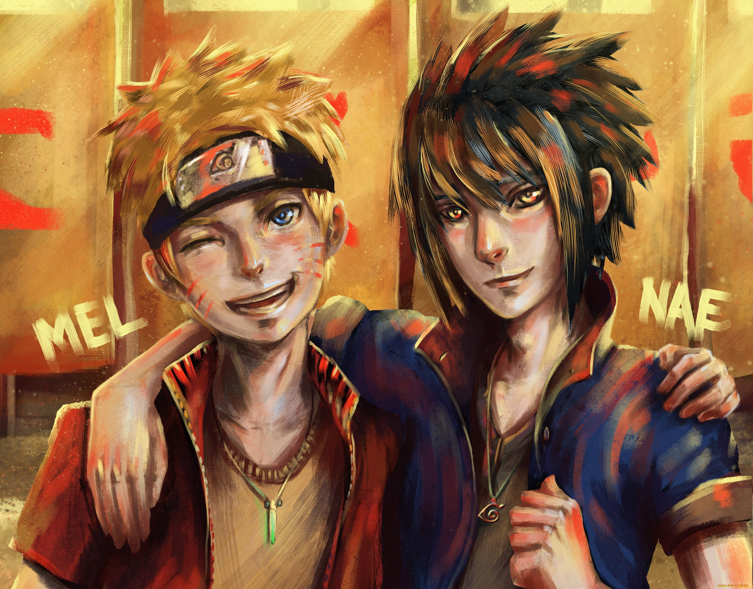 аниме, naruto, арт, парни, наруто, узумаки, саске, учиха