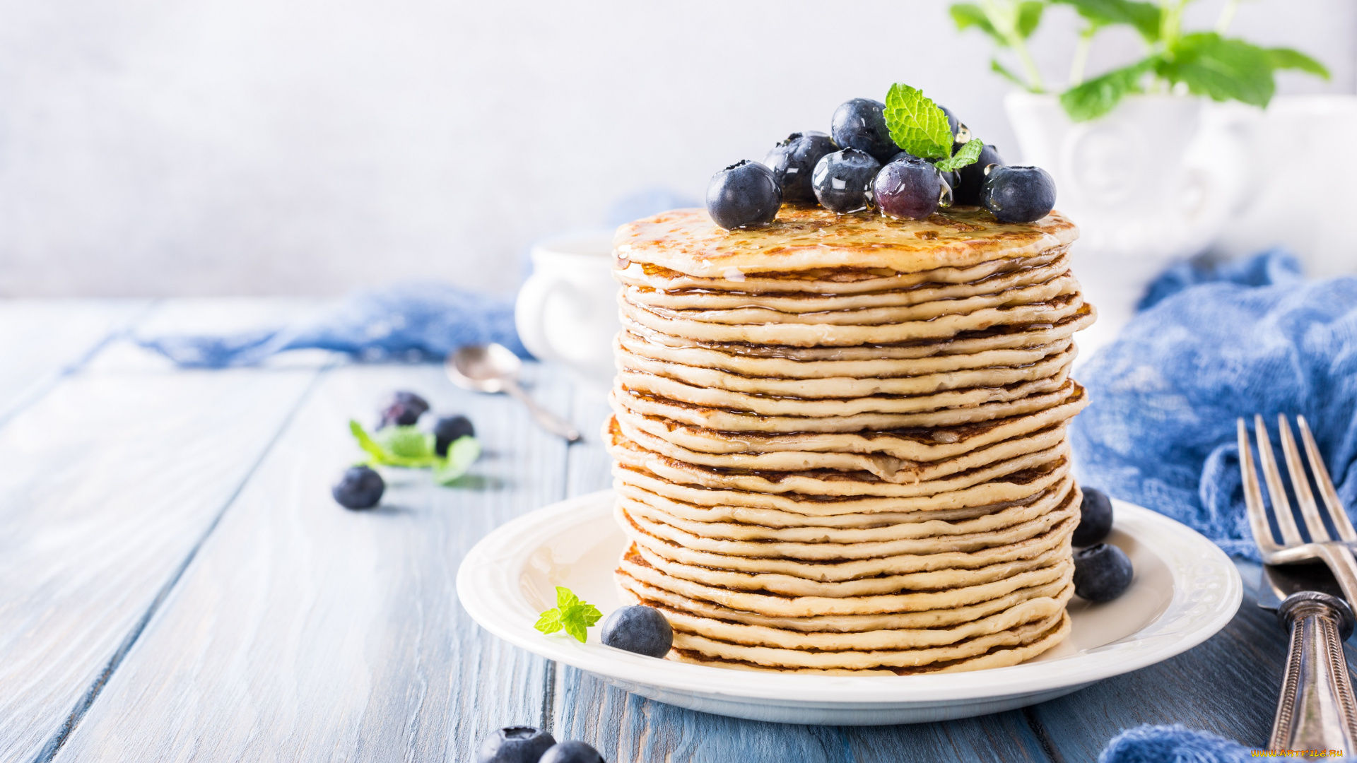 еда, блины, , оладьи, мята, ягоды, завтрак