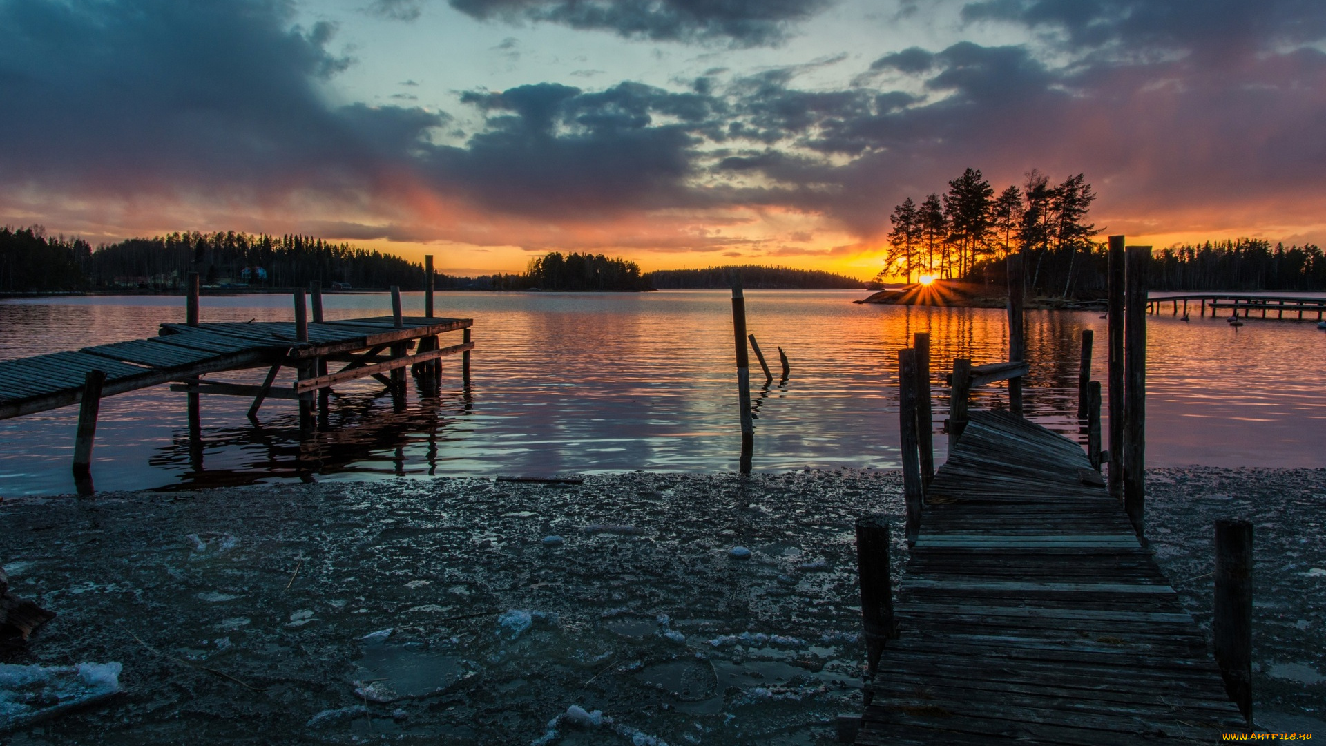 финляндия, природа, реки, озера, водоем, мостики, лед, закат, деревья
