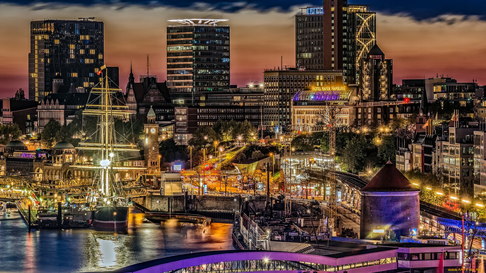 гамбург, города, гамбург, , германия, здания, мост, освещение, ночь