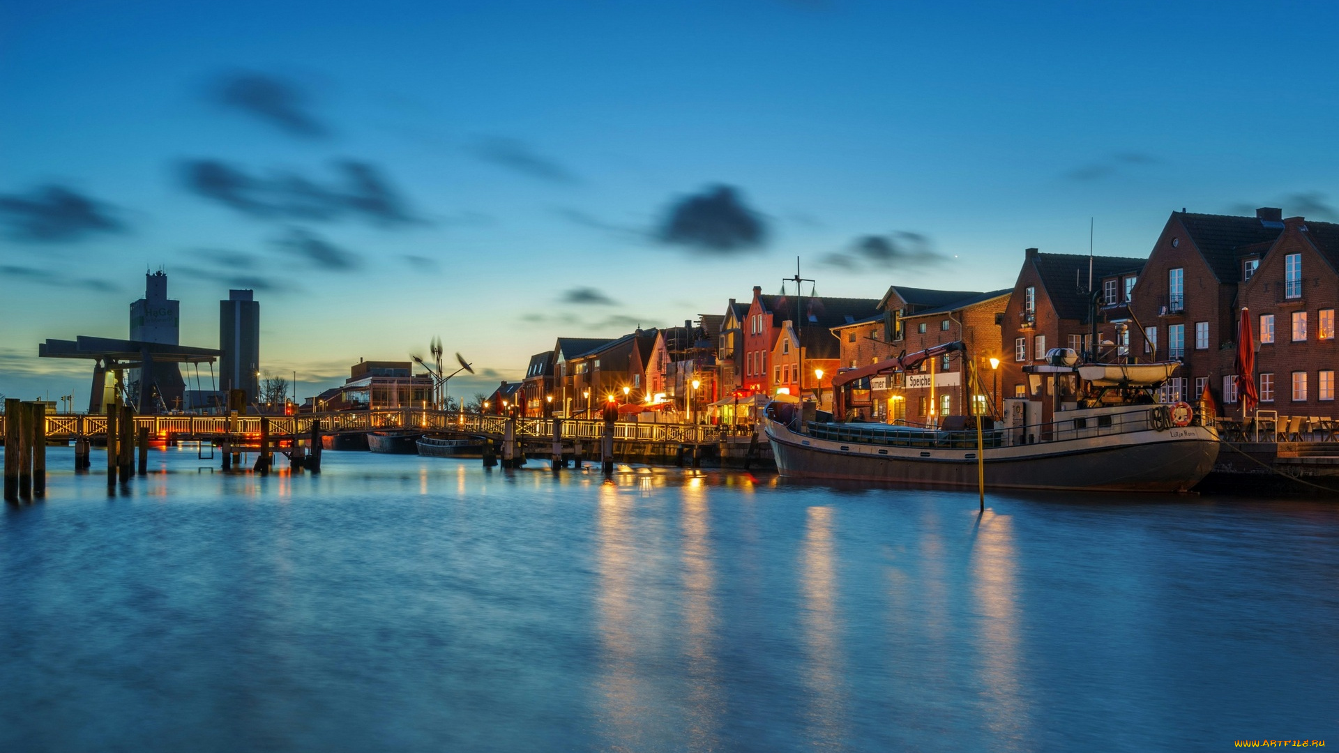 германия, города, -, панорамы, фонари, баржа, водоем, дома