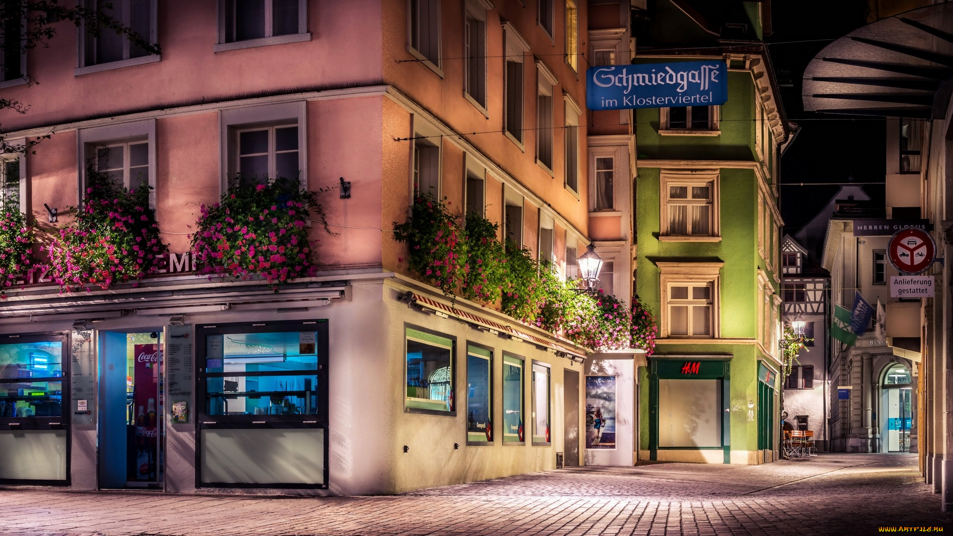 города, -, огни, ночного, города, здания, цветы, витрина, фонари