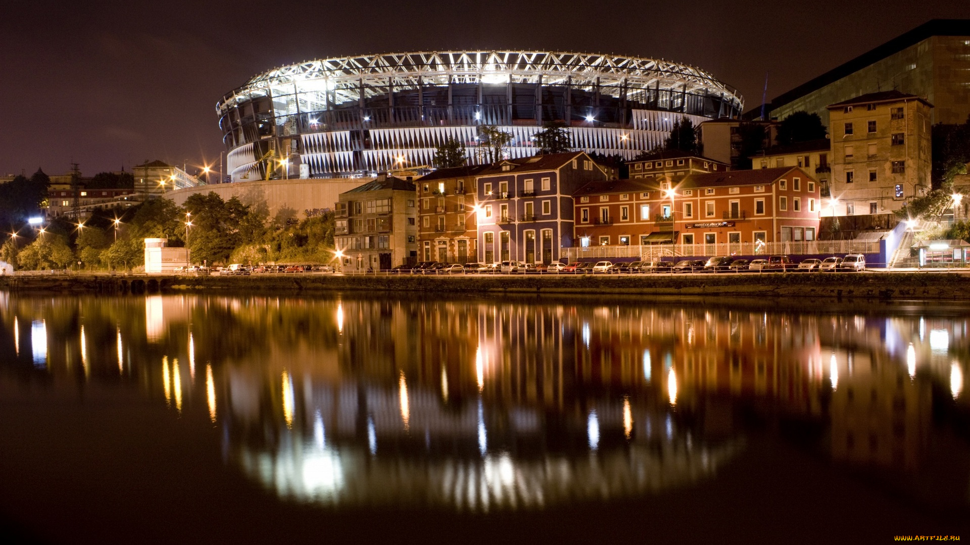 испания, города, -, огни, ночного, города, здания, фонари, водоем