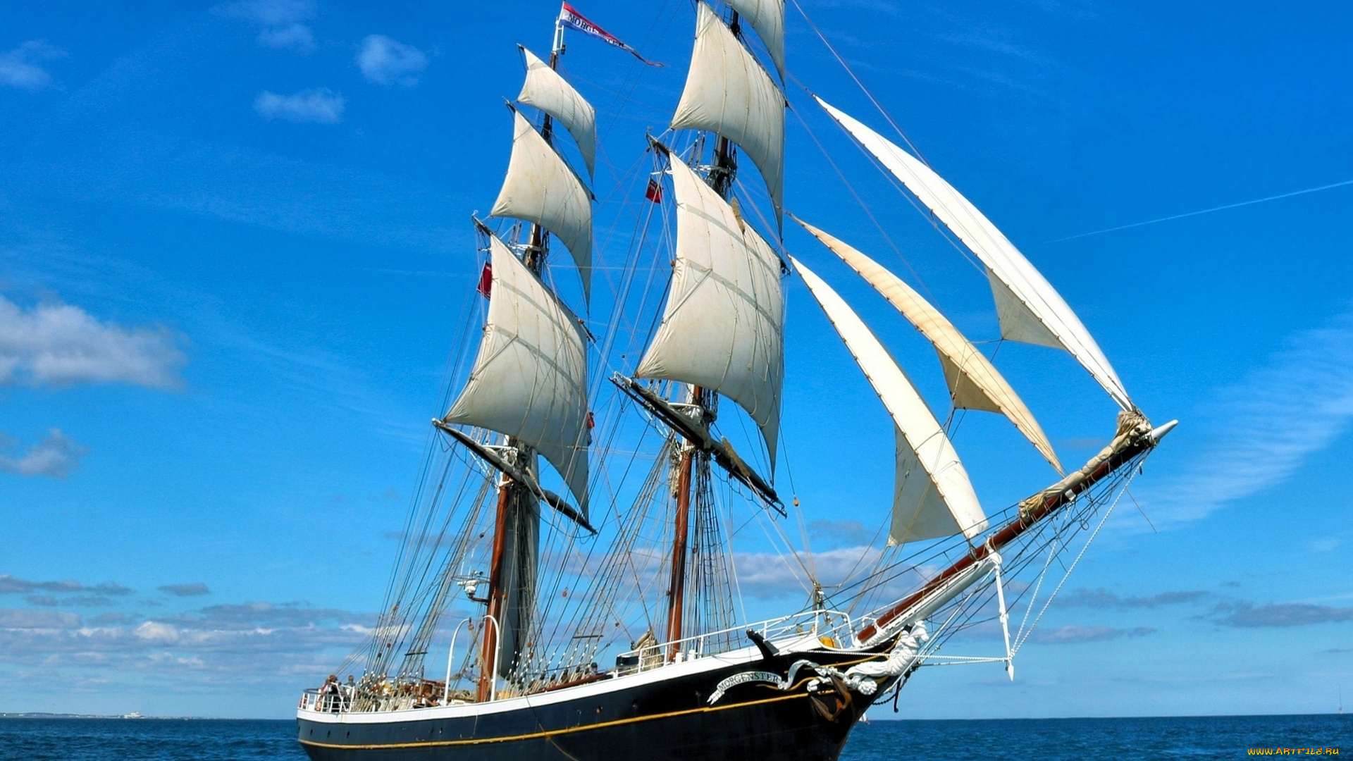 корабли, парусники, облака, водоем
