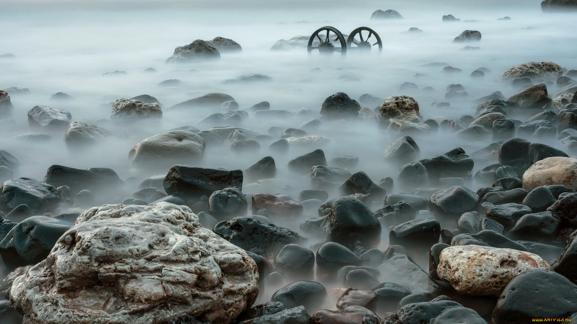 природа, побережье, колеса, туман