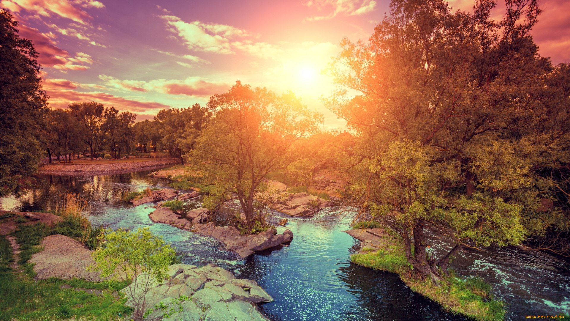 природа, восходы, закаты, деревья, облака, солнце, камни, небо, речка, рассвет