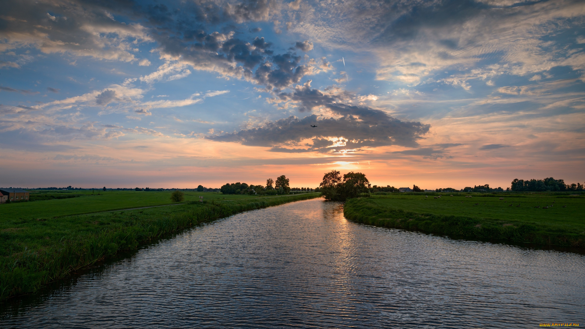 природа, восходы, закаты, поля, домики, небо