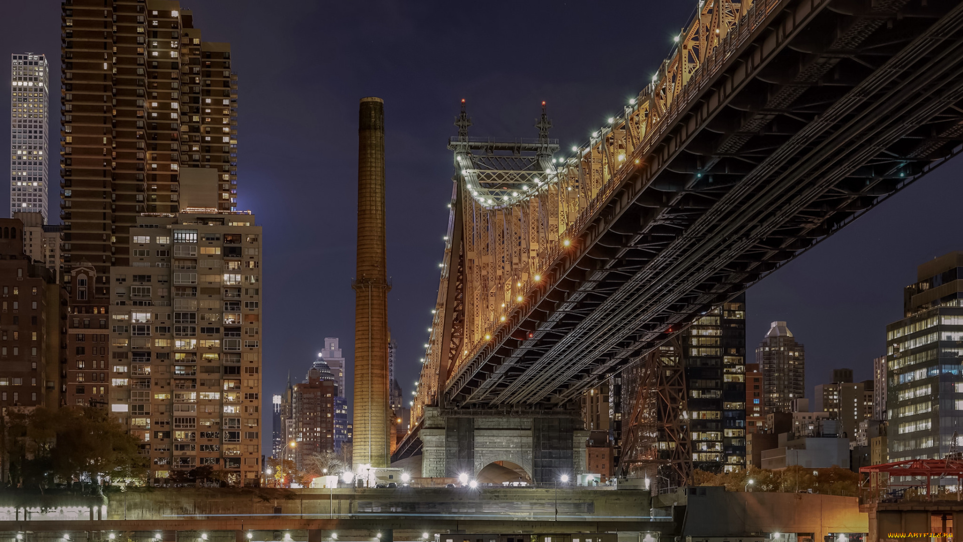 queensboro, bridge, from, queens, города, нью-йорк, , сша, ночь, огни, мост