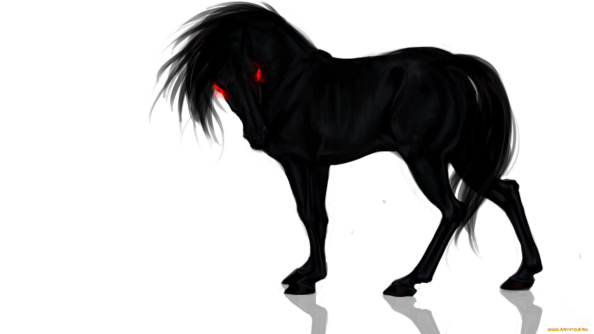 рисованное, животные, , лошади, черный, конь, белый, фон, красные, глаза