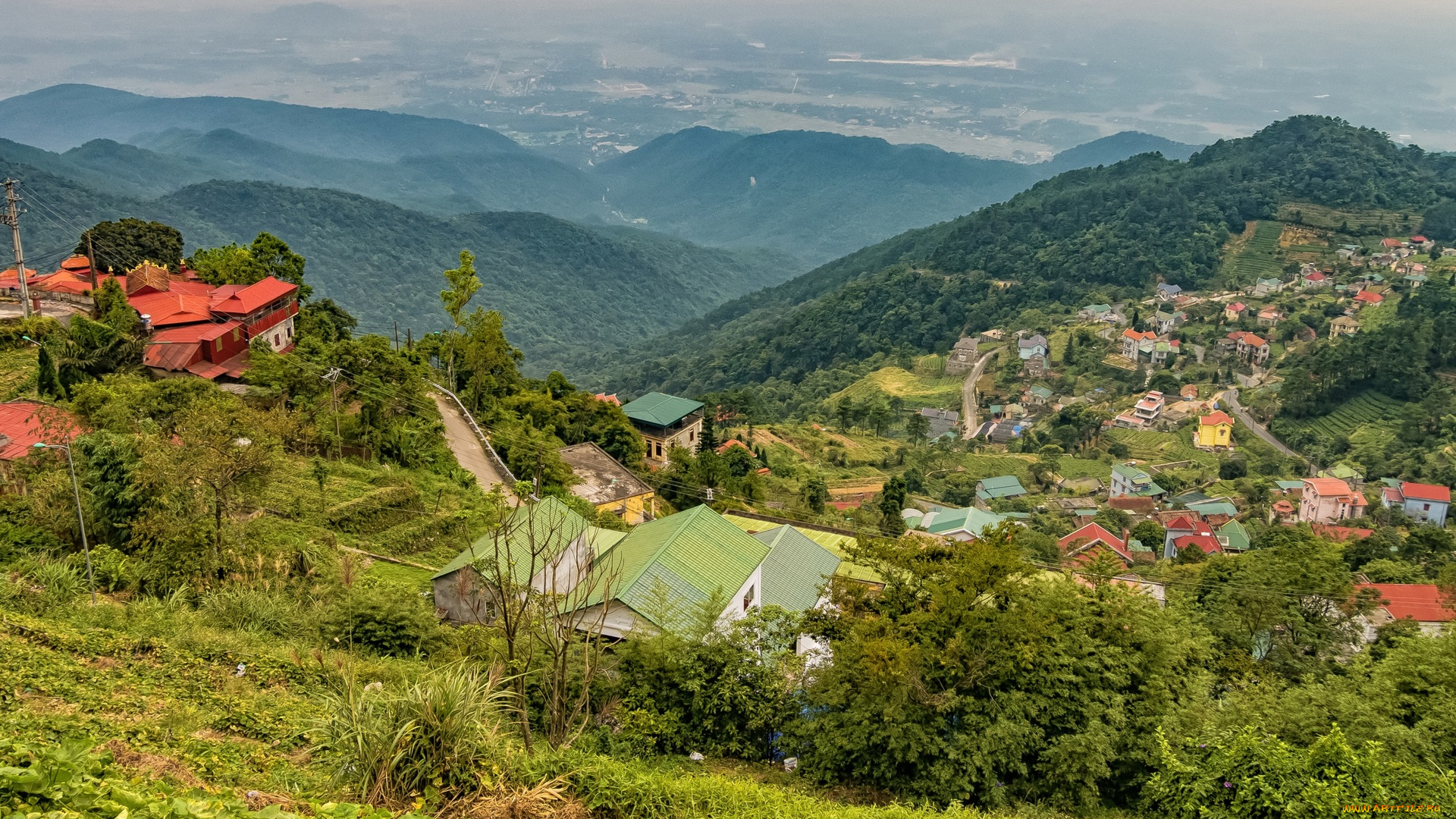 вьетнам, города, -, панорамы, холмы, дома, деревья, трава