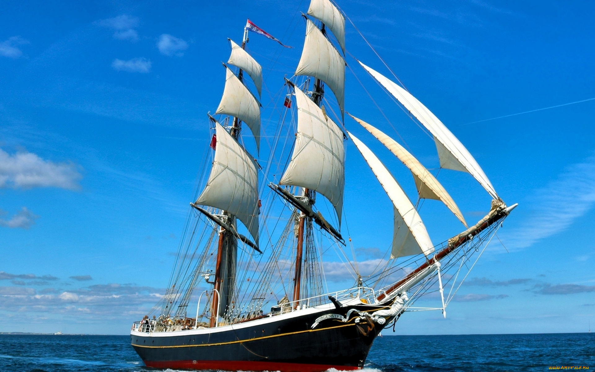 корабли, парусники, облака, водоем