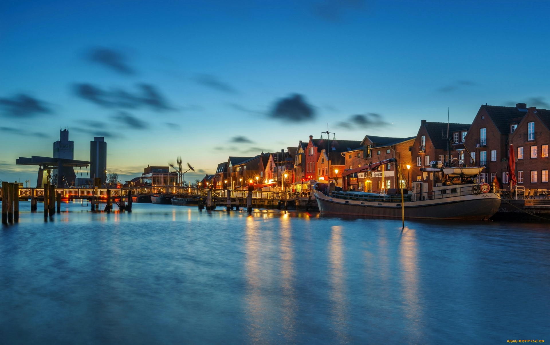 германия, города, -, панорамы, фонари, баржа, водоем, дома