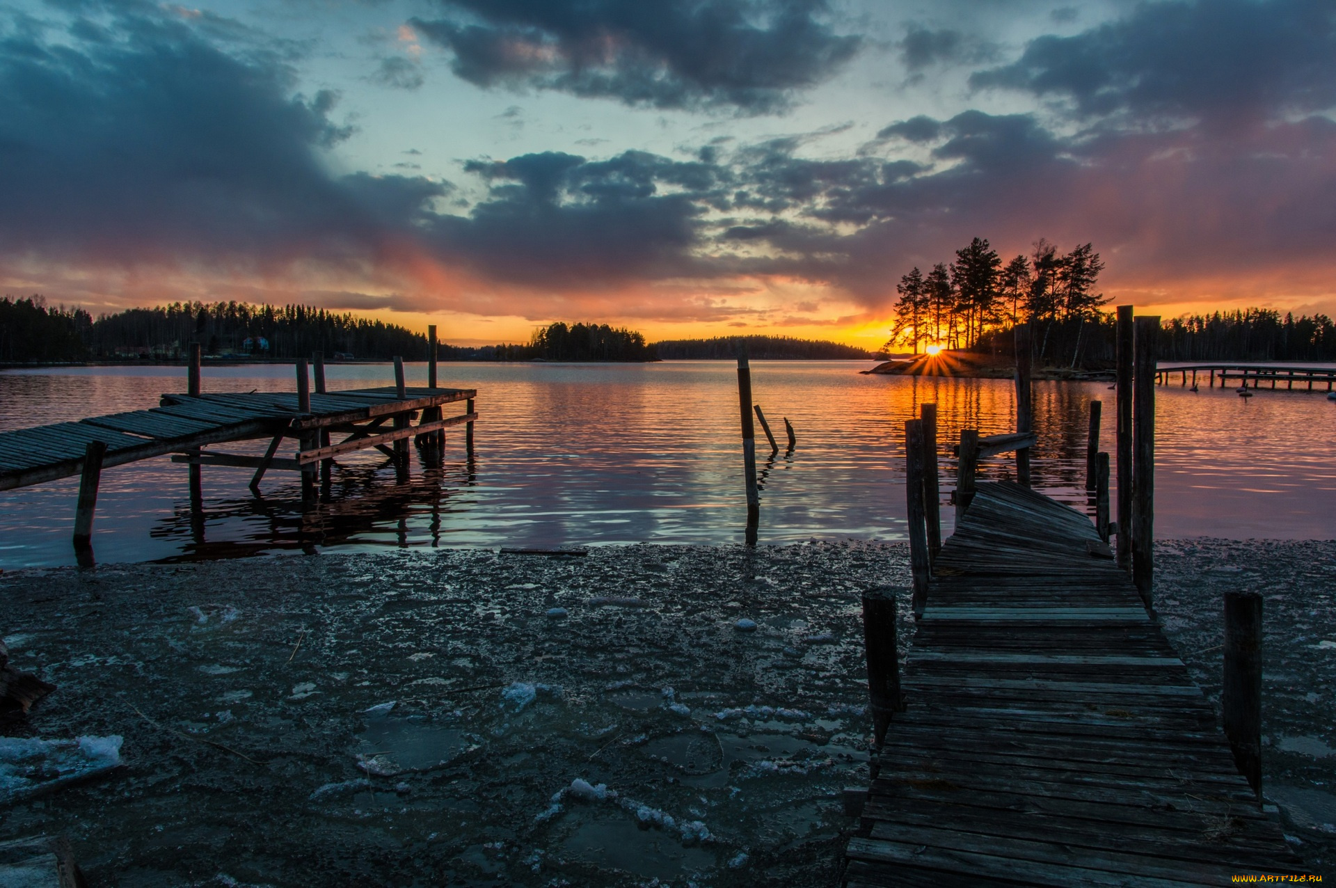 финляндия, природа, реки, озера, водоем, мостики, лед, закат, деревья