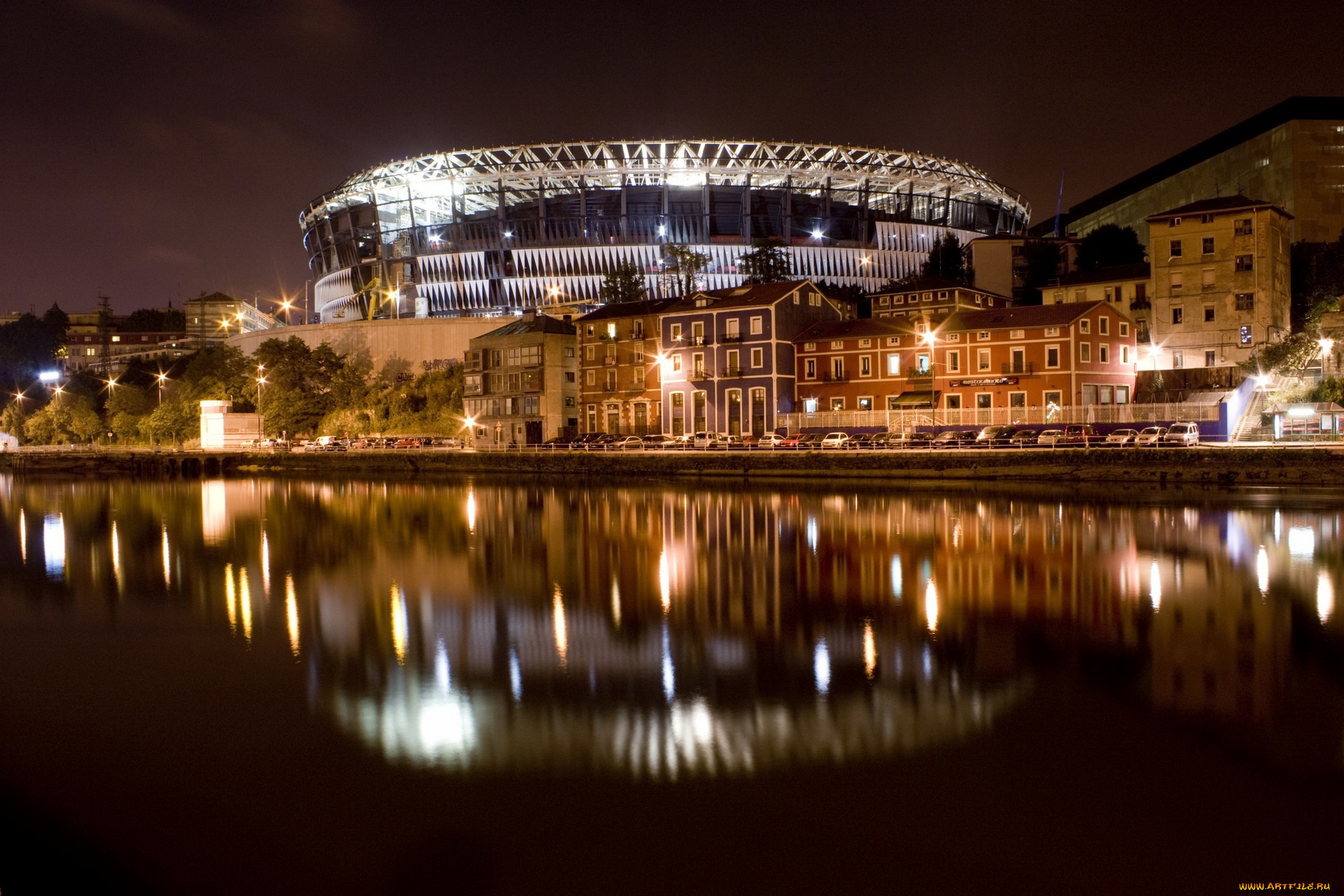 испания, города, -, огни, ночного, города, здания, фонари, водоем