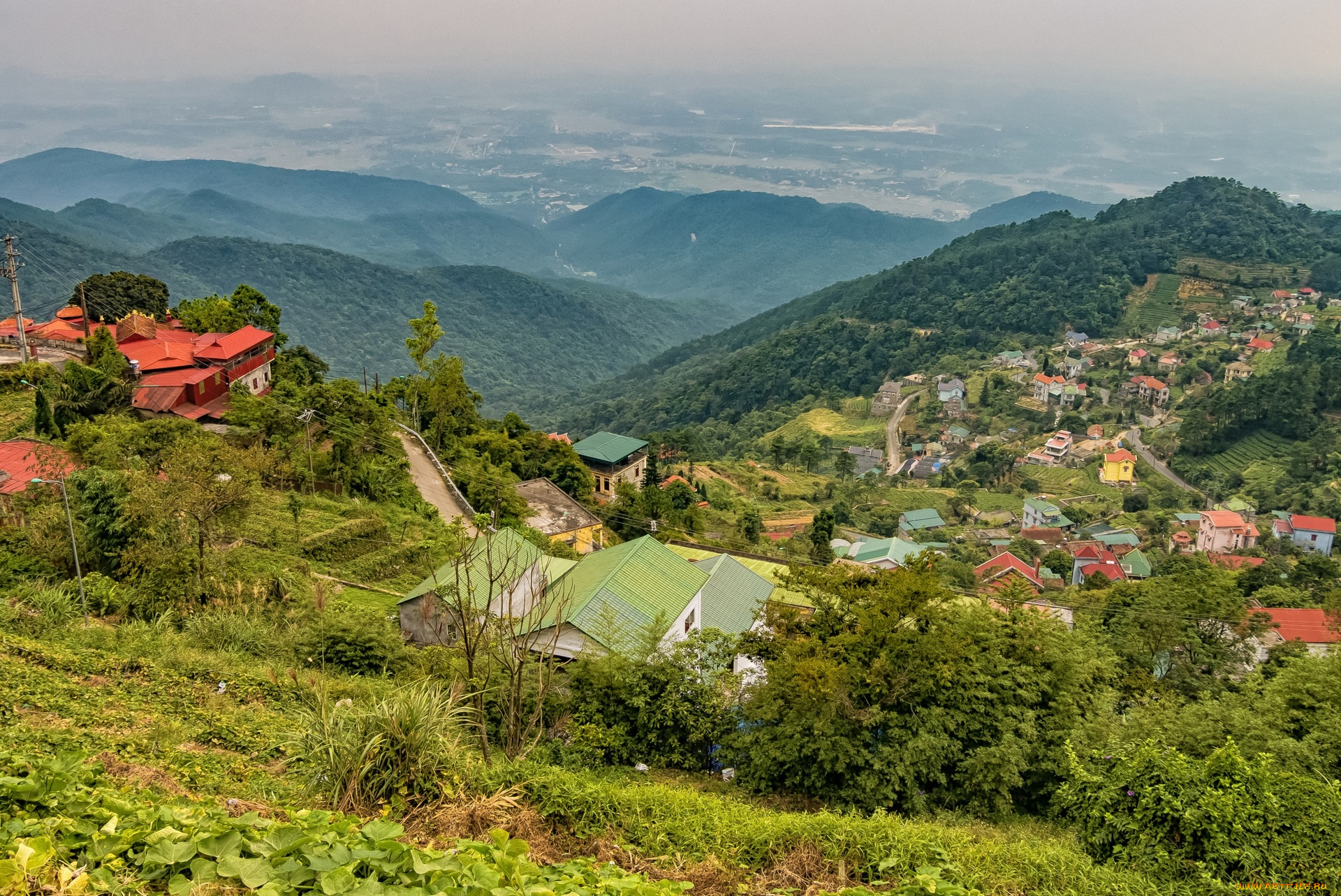 вьетнам, города, -, панорамы, холмы, дома, деревья, трава