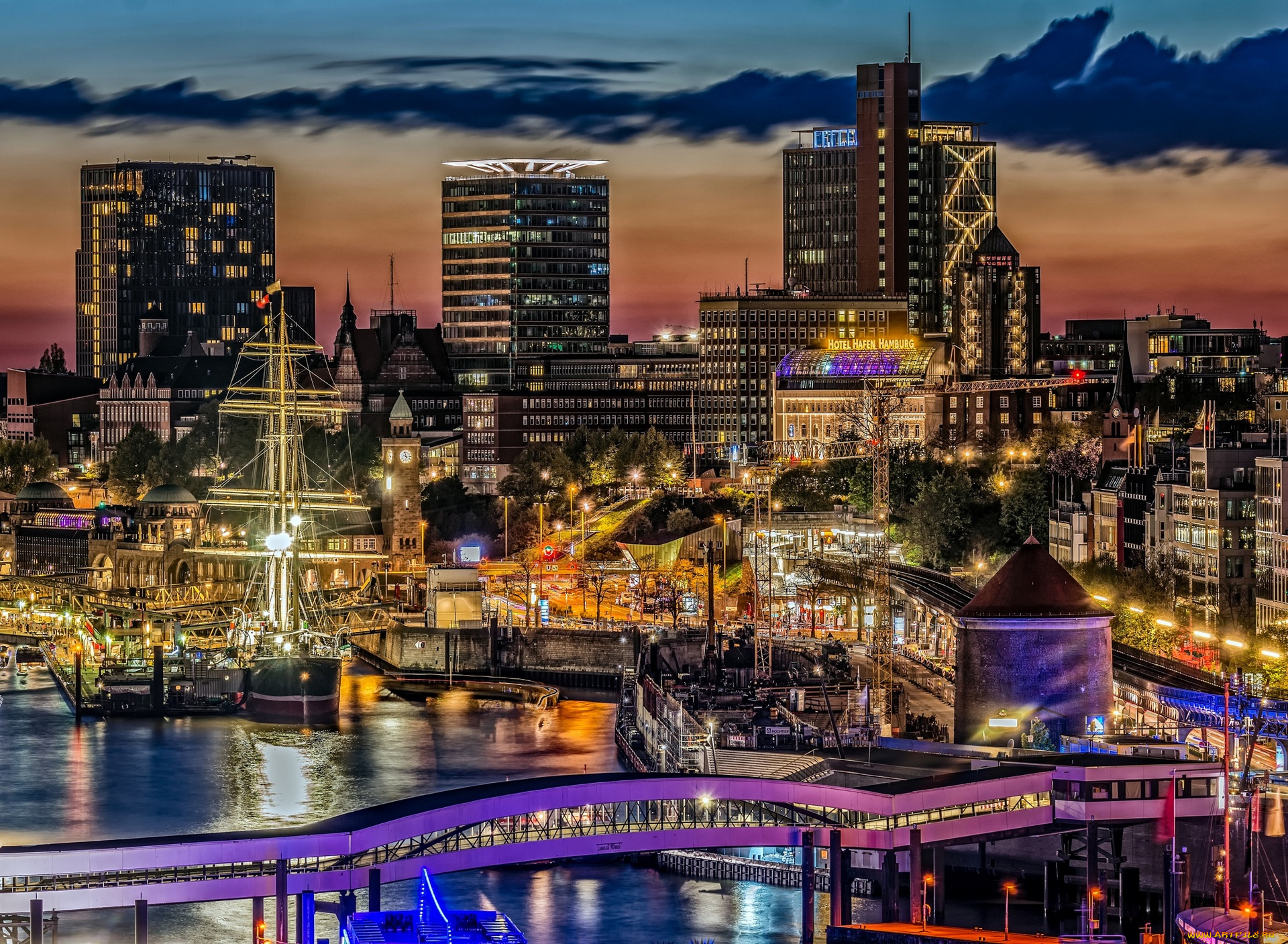 гамбург, города, гамбург, , германия, здания, мост, освещение, ночь