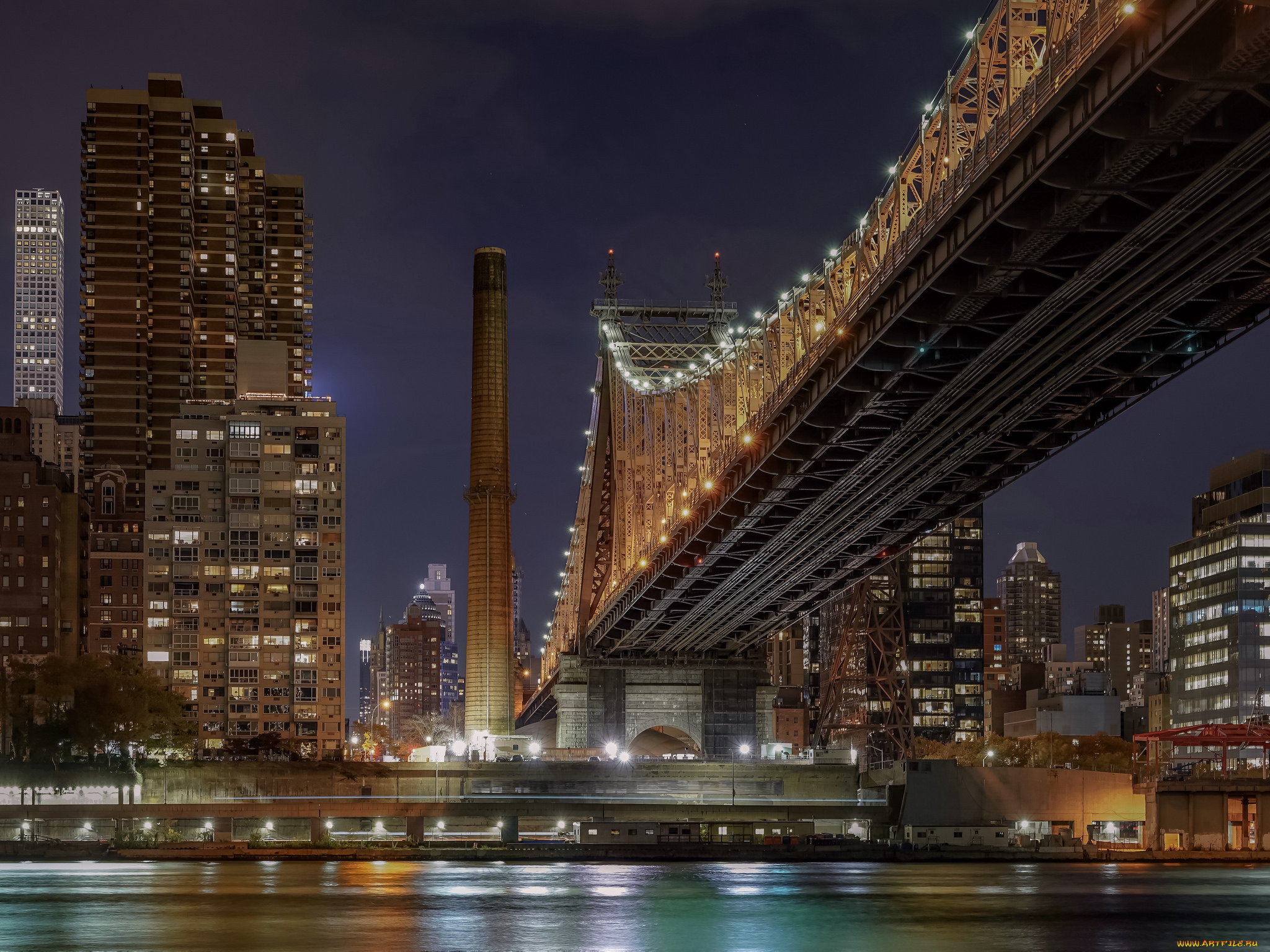queensboro, bridge, from, queens, города, нью-йорк, , сша, ночь, огни, мост