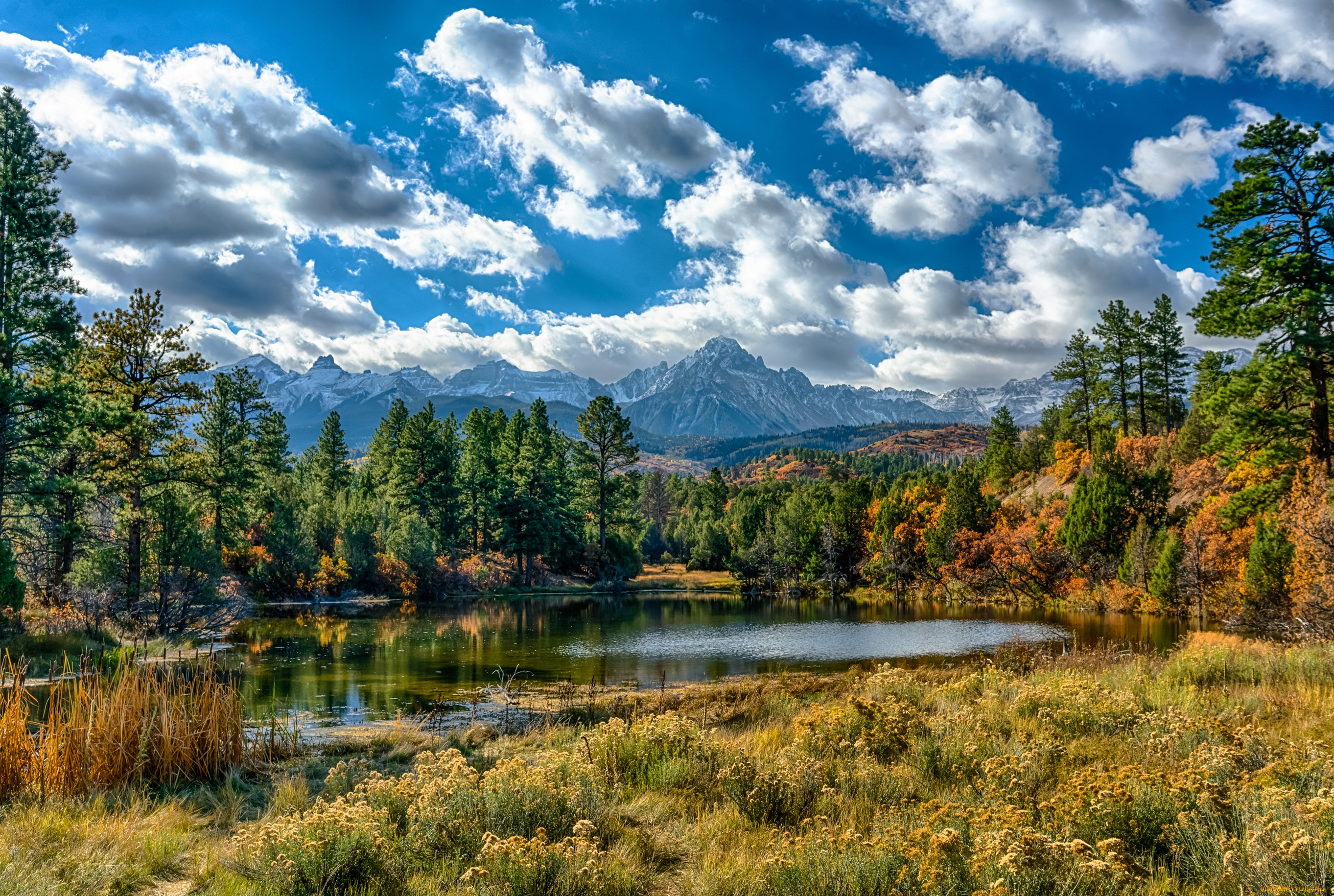 природа, реки, озера, colorado, озеро, деревья, небо, солнце, лес, трава, облака, ouray, горы, сша