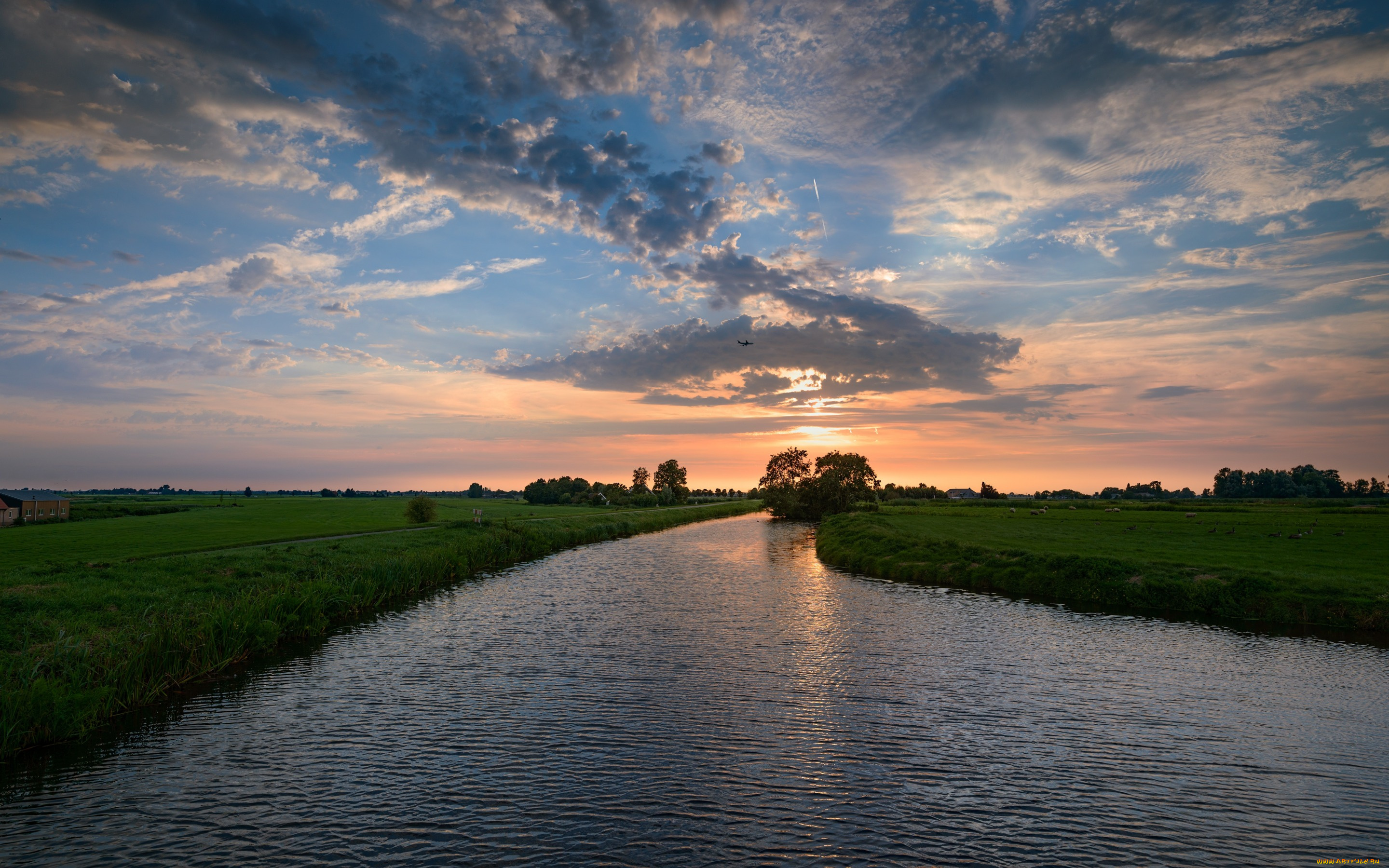 природа, восходы, закаты, поля, домики, небо