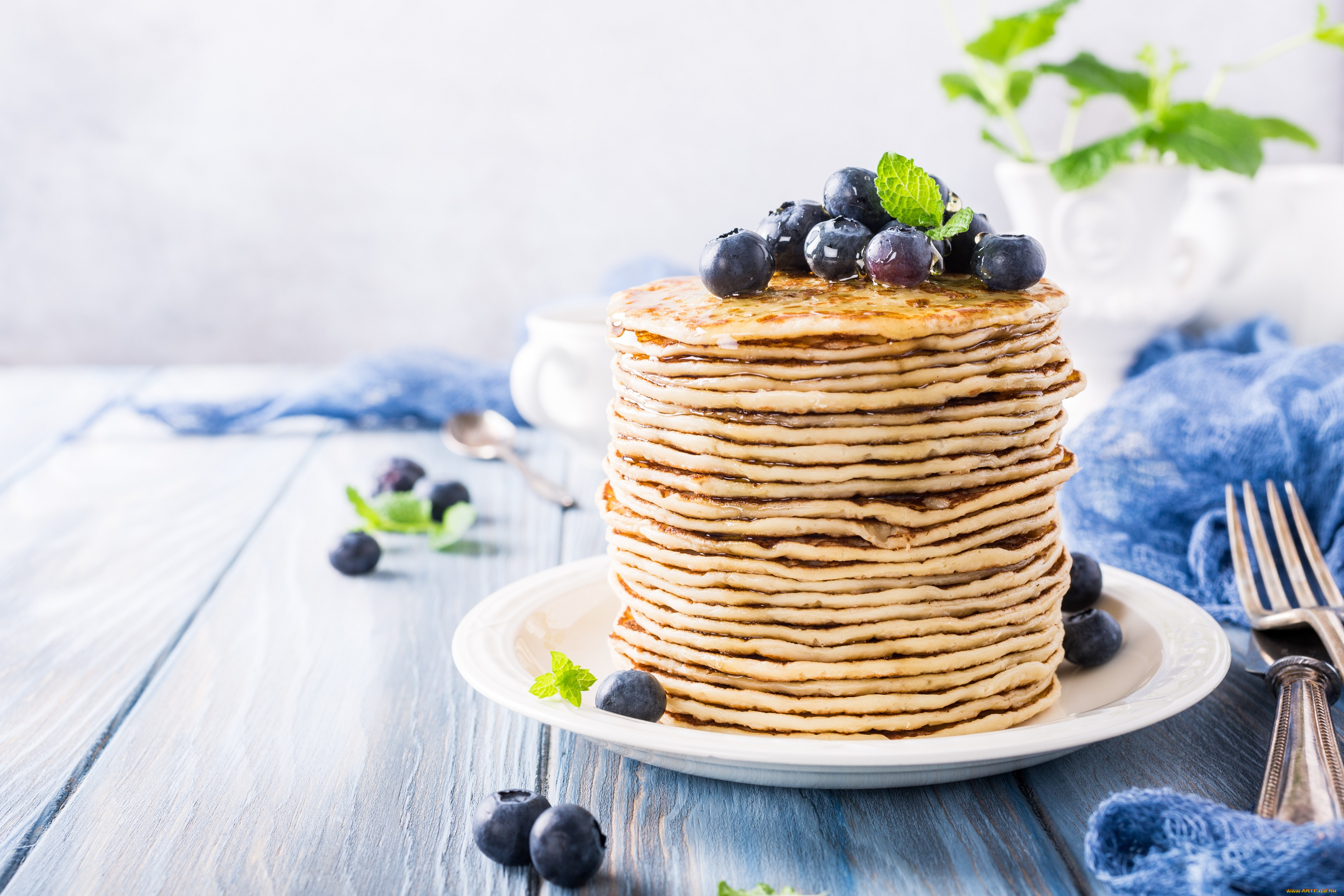 еда, блины, , оладьи, мята, ягоды, завтрак