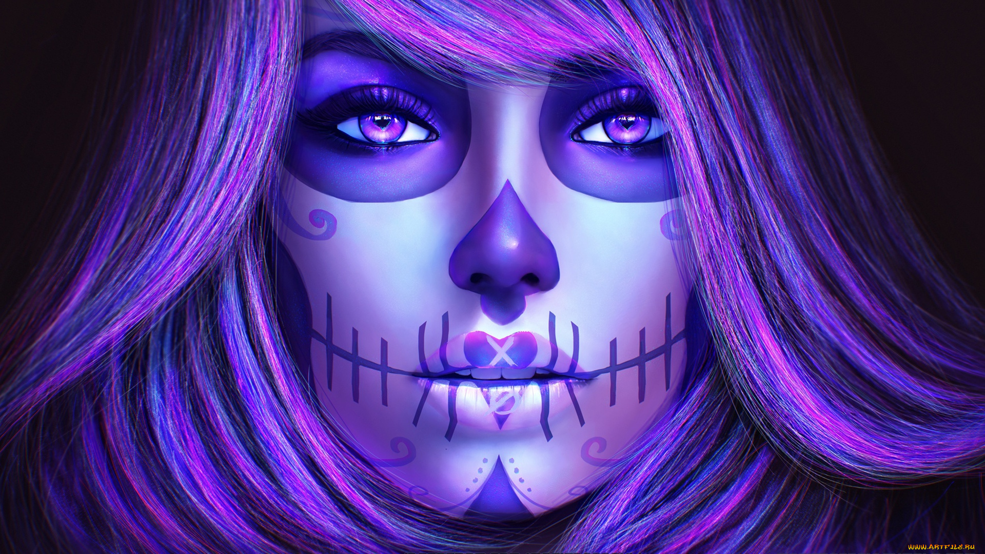 фэнтези, нежить, волосы, девушка, dia, de, los, muertos, catrina, sugar, skull, взгляд, арт, лицо