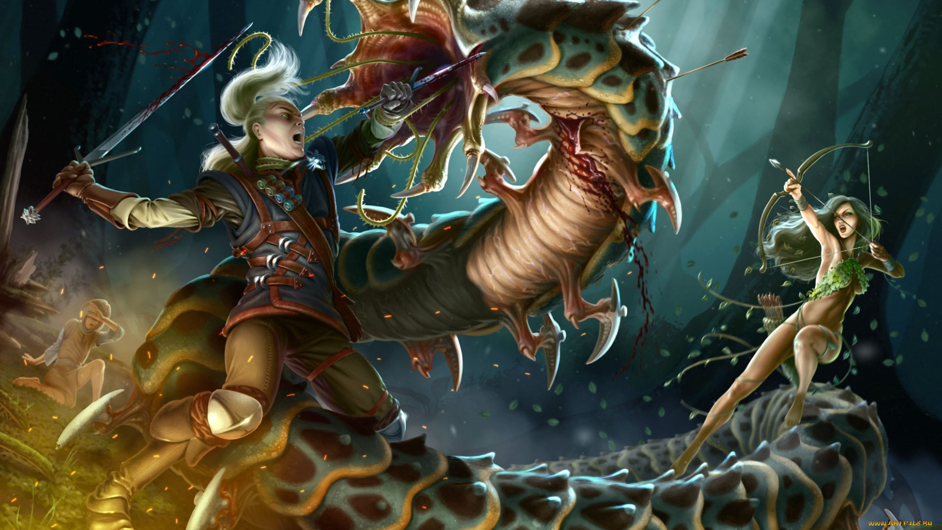 фэнтези, существа, дракон, парень, фон, взгляд, девушка