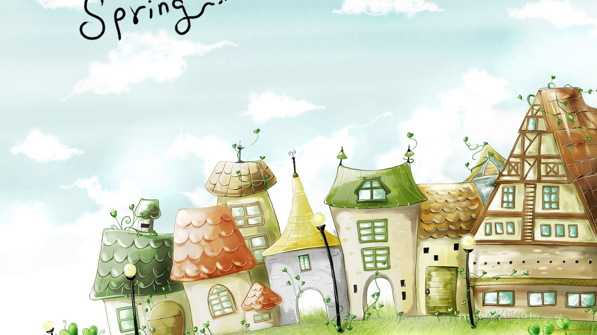 рисованное, города, весна, небо, облака, улица, дома
