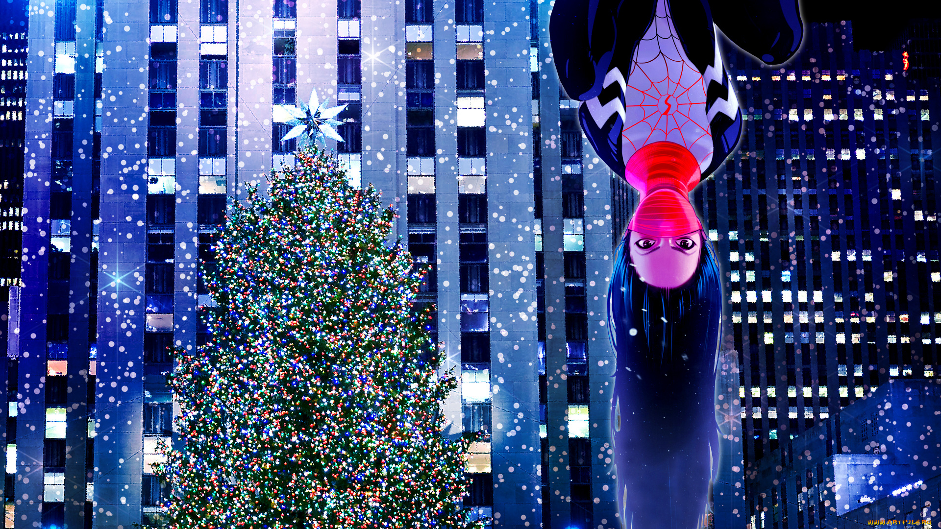 рисованное, комиксы, фон, девушка, елка, маска, униформа, взгляд