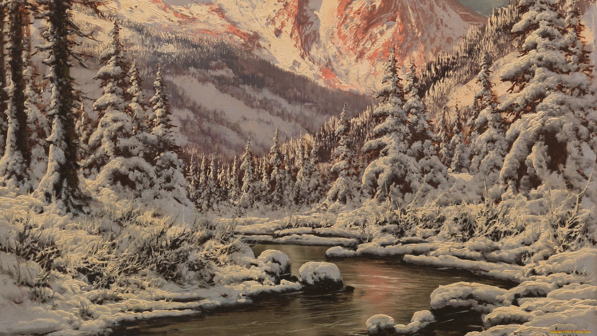 рисованное, живопись, winter, landscape, with, sunset, mountains, and, a, river, ласло, неогради, зимний, пейзаж, с, закатом, над, горой, и, рекой, hungarian, painter, laszlo, neogrady, венгерскийй, живописец