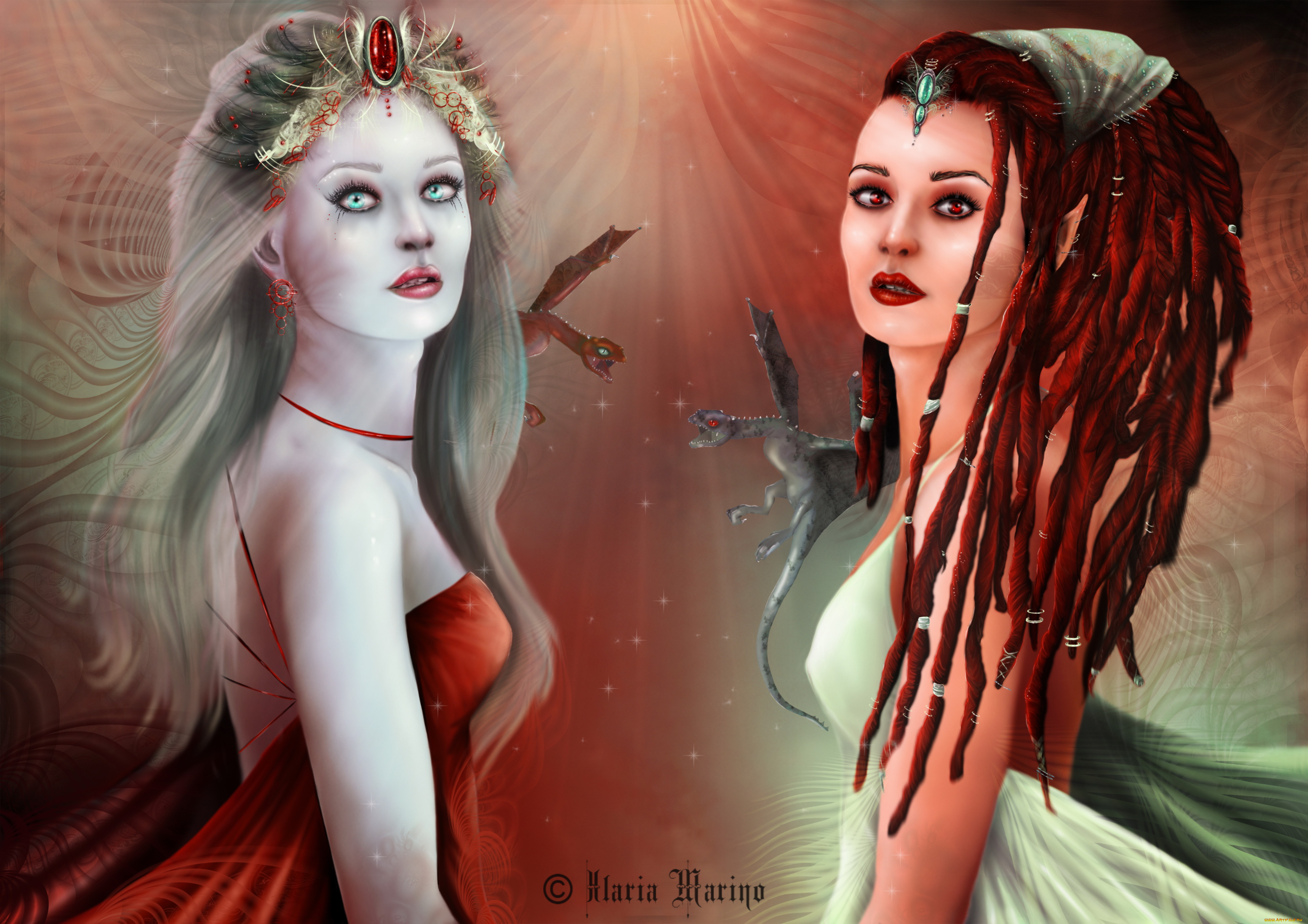 рисованное, комиксы, дракон, взгляд, фон, девушки