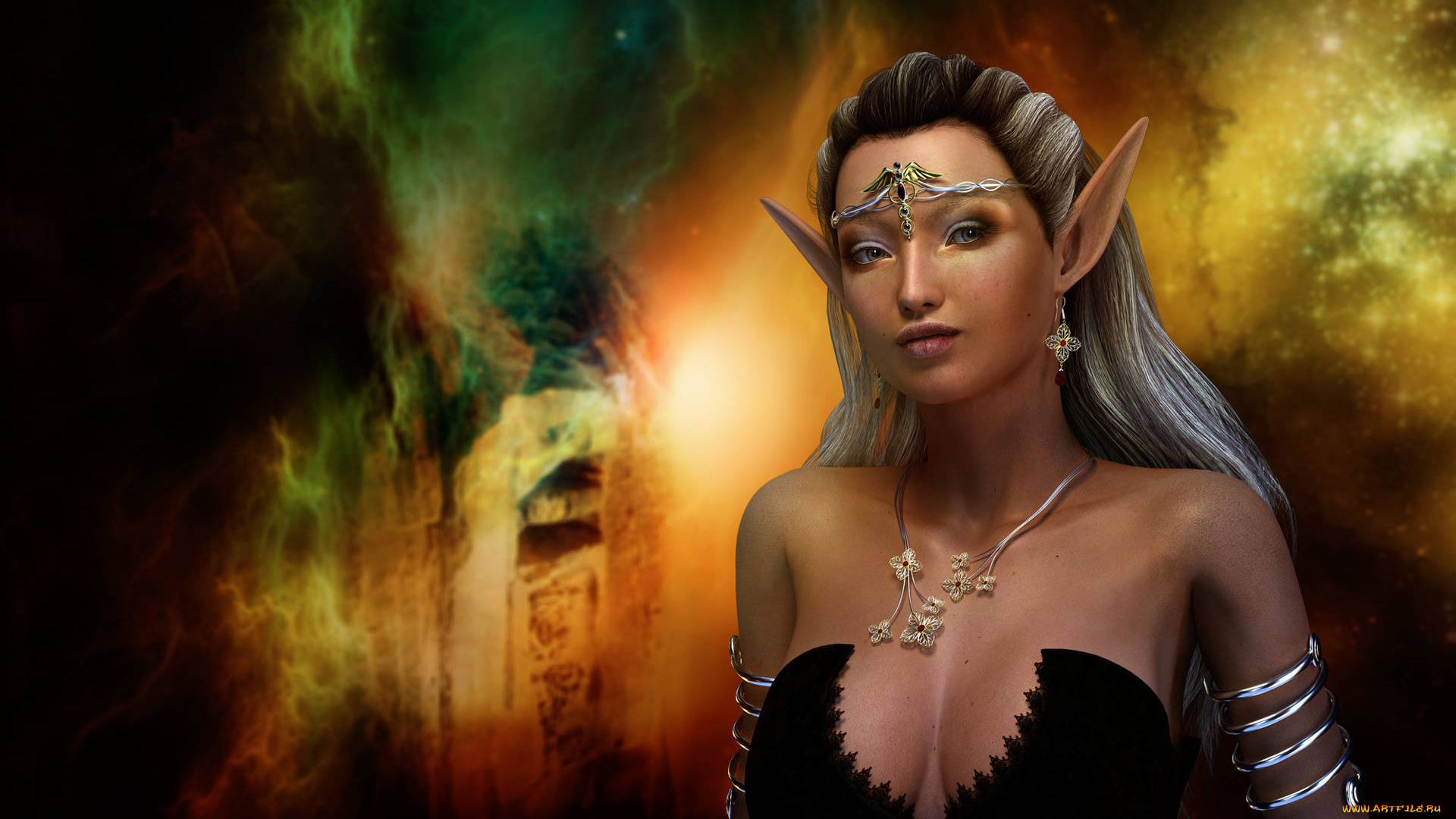 3д, графика, эльфы, , elves, фон, взгляд, эльфийка