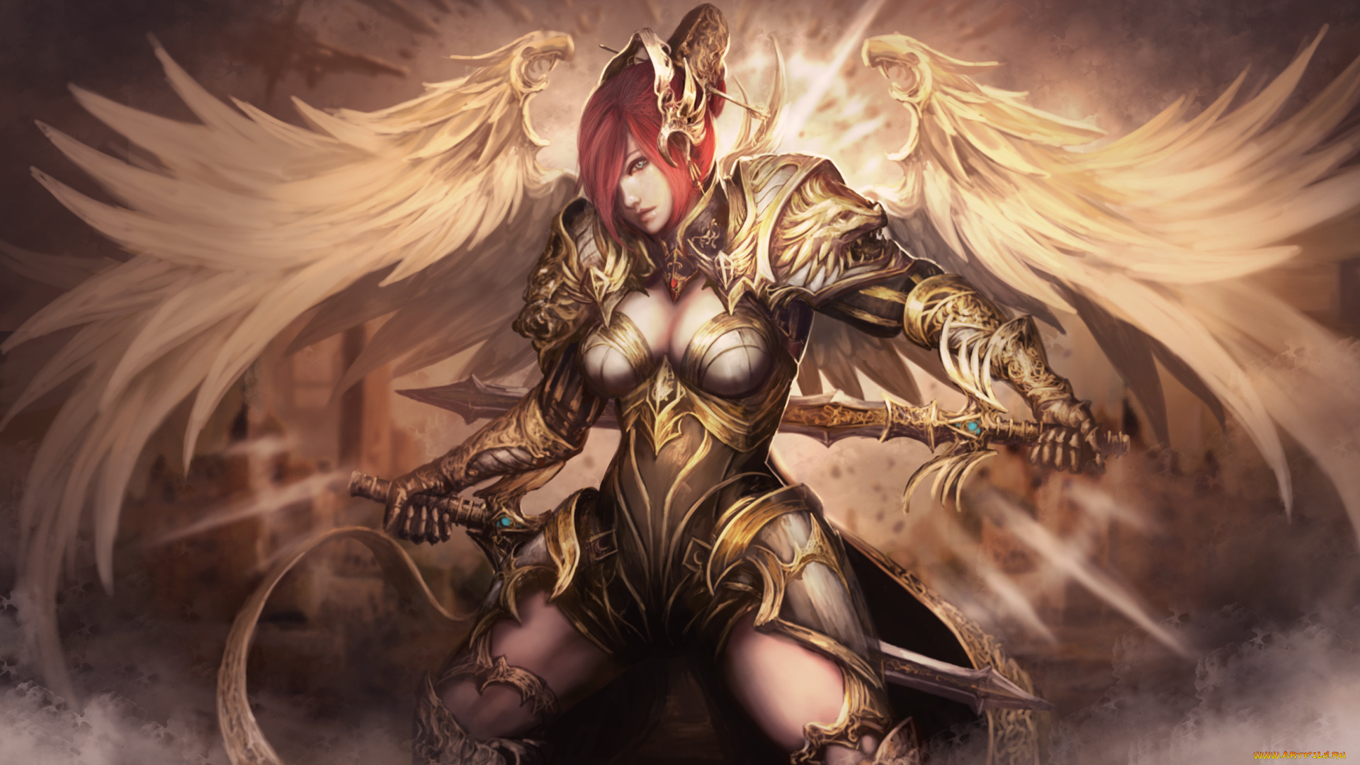 фэнтези, ангелы, крылья, латы, девушка, фон, меч