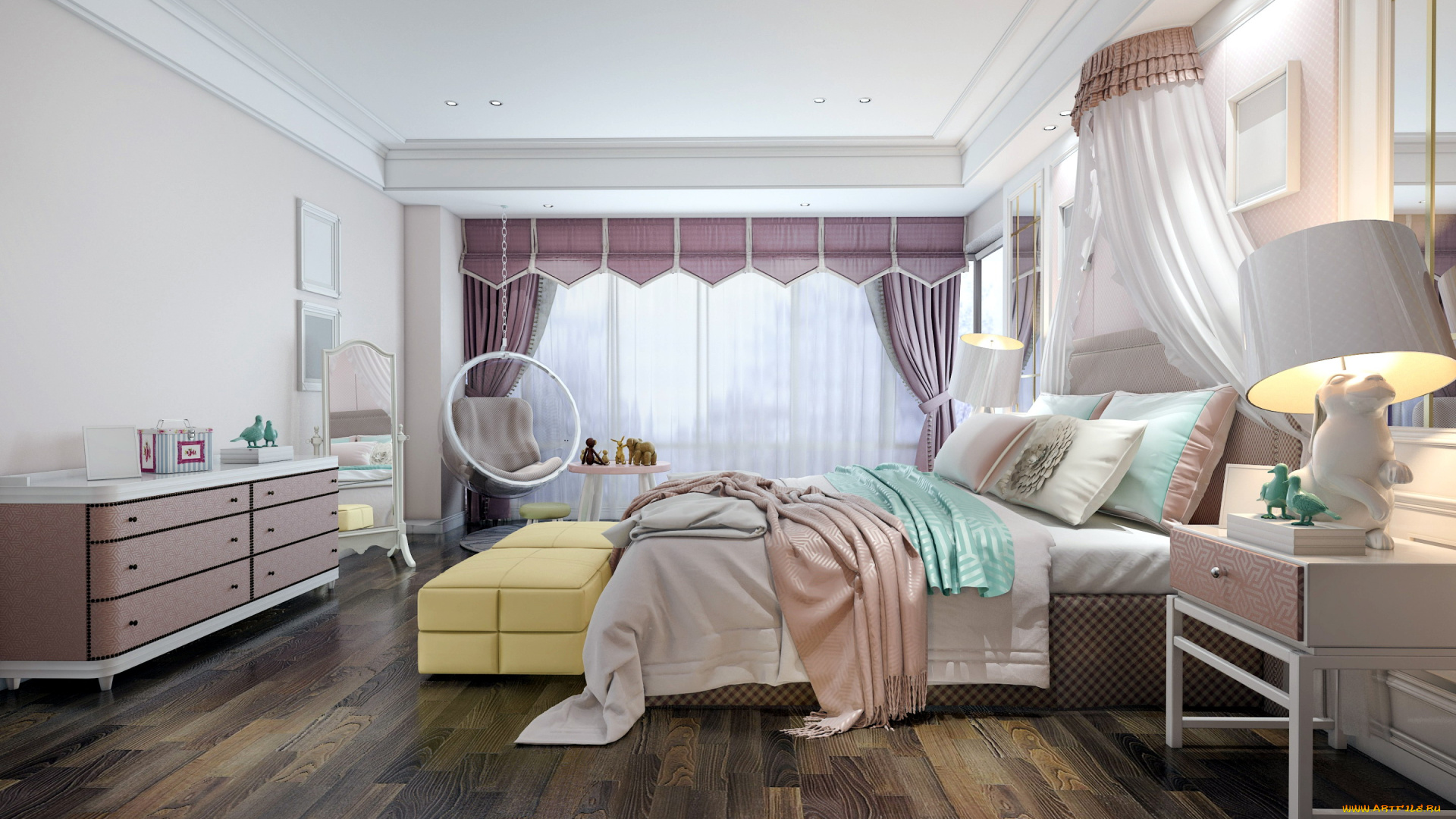интерьер, детская, комната, зеркало, комод, кровать
