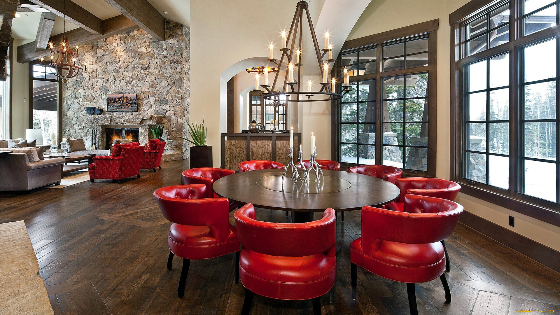 интерьер, гостиная, свечи, люстры, камин