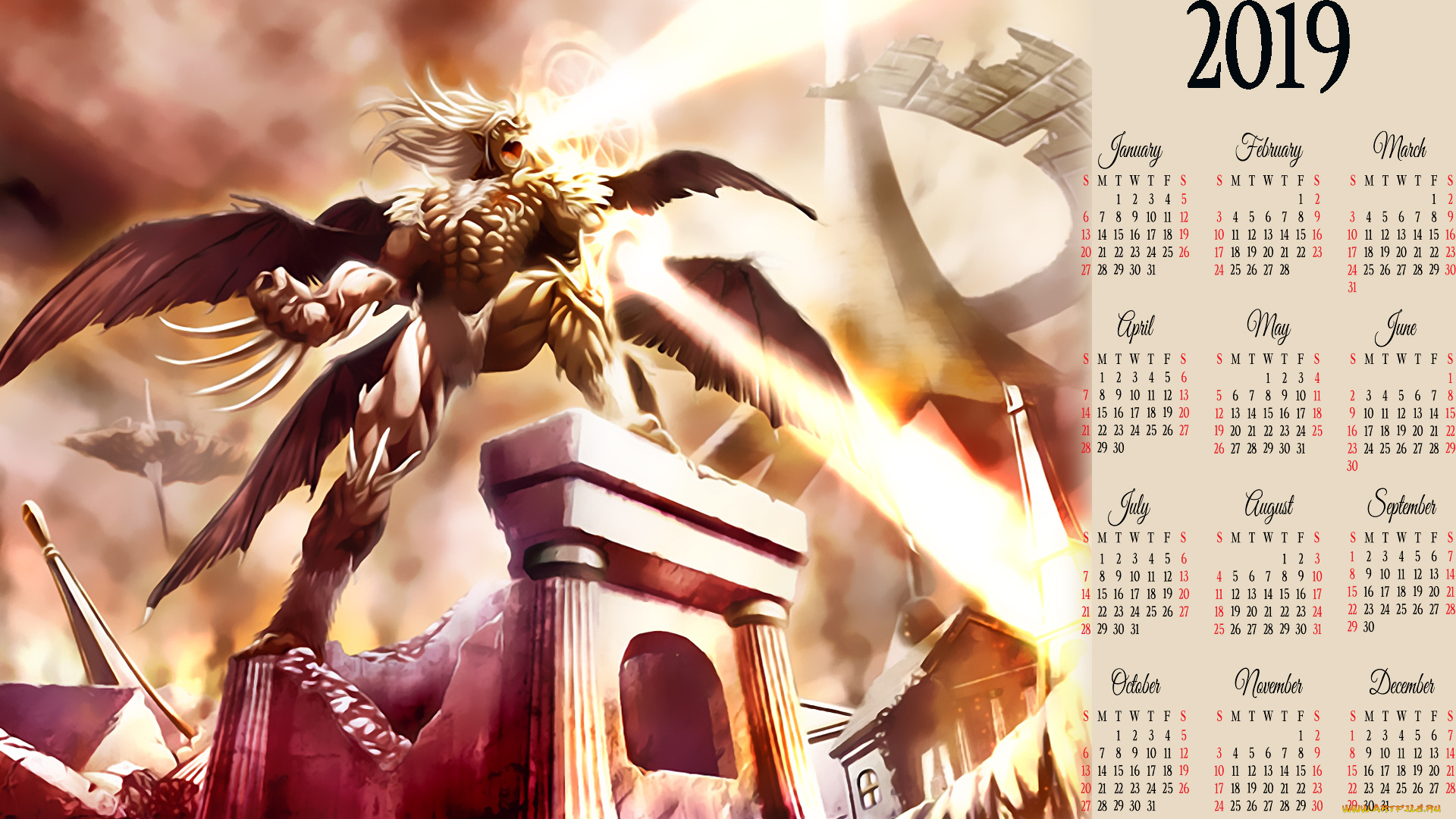 календари, фэнтези, 2019, calendar, архитектура, крылья, существо