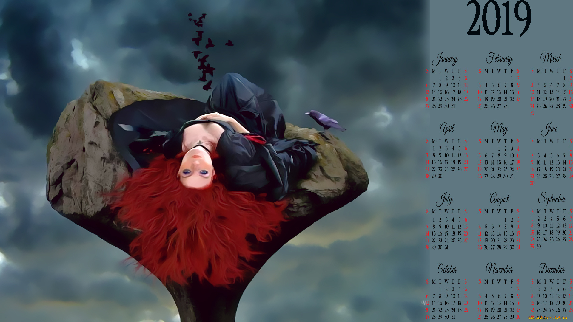 календари, фэнтези, женщина, птица, calendar, 2019, девушка