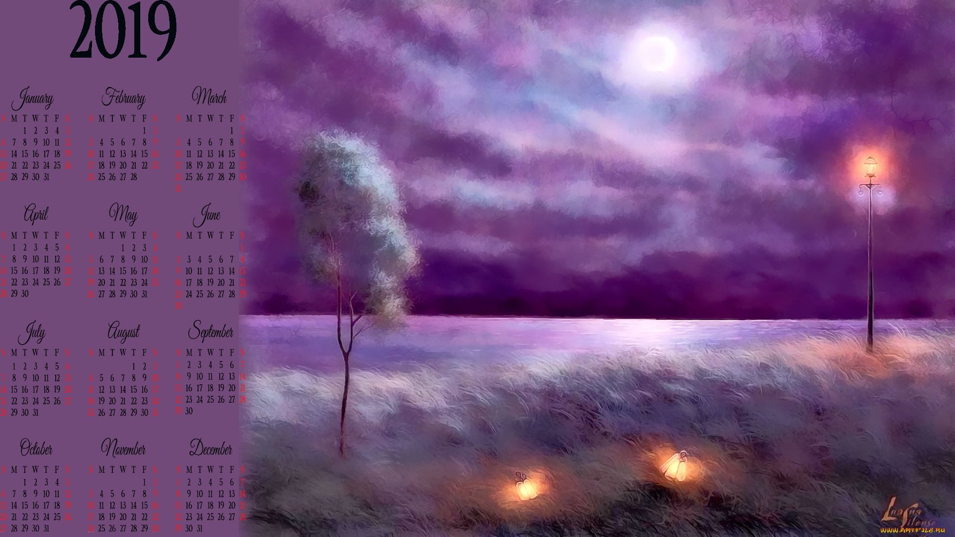 календари, рисованные, , векторная, графика, 2019, calendar, фонарь, дерево, природа