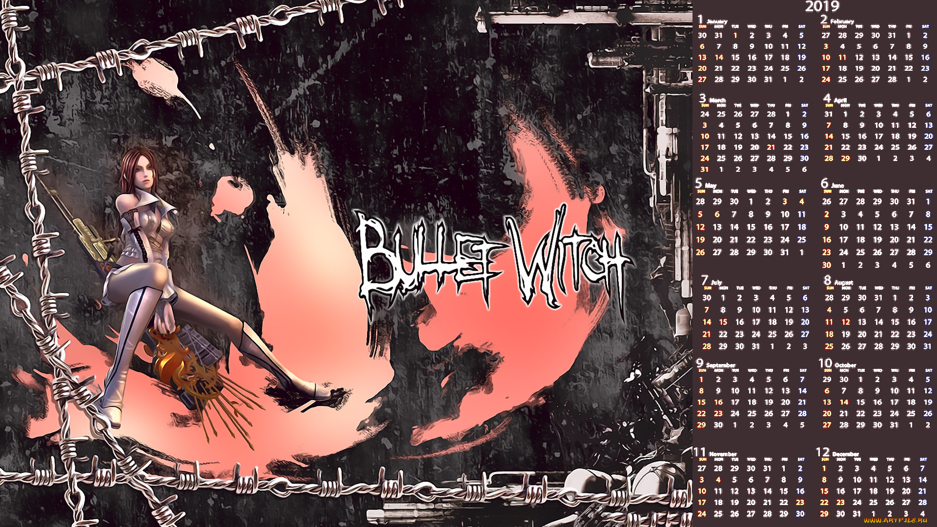 календари, видеоигры, 2019, calendar, девушка, оружие, фон, рисунок, женщина
