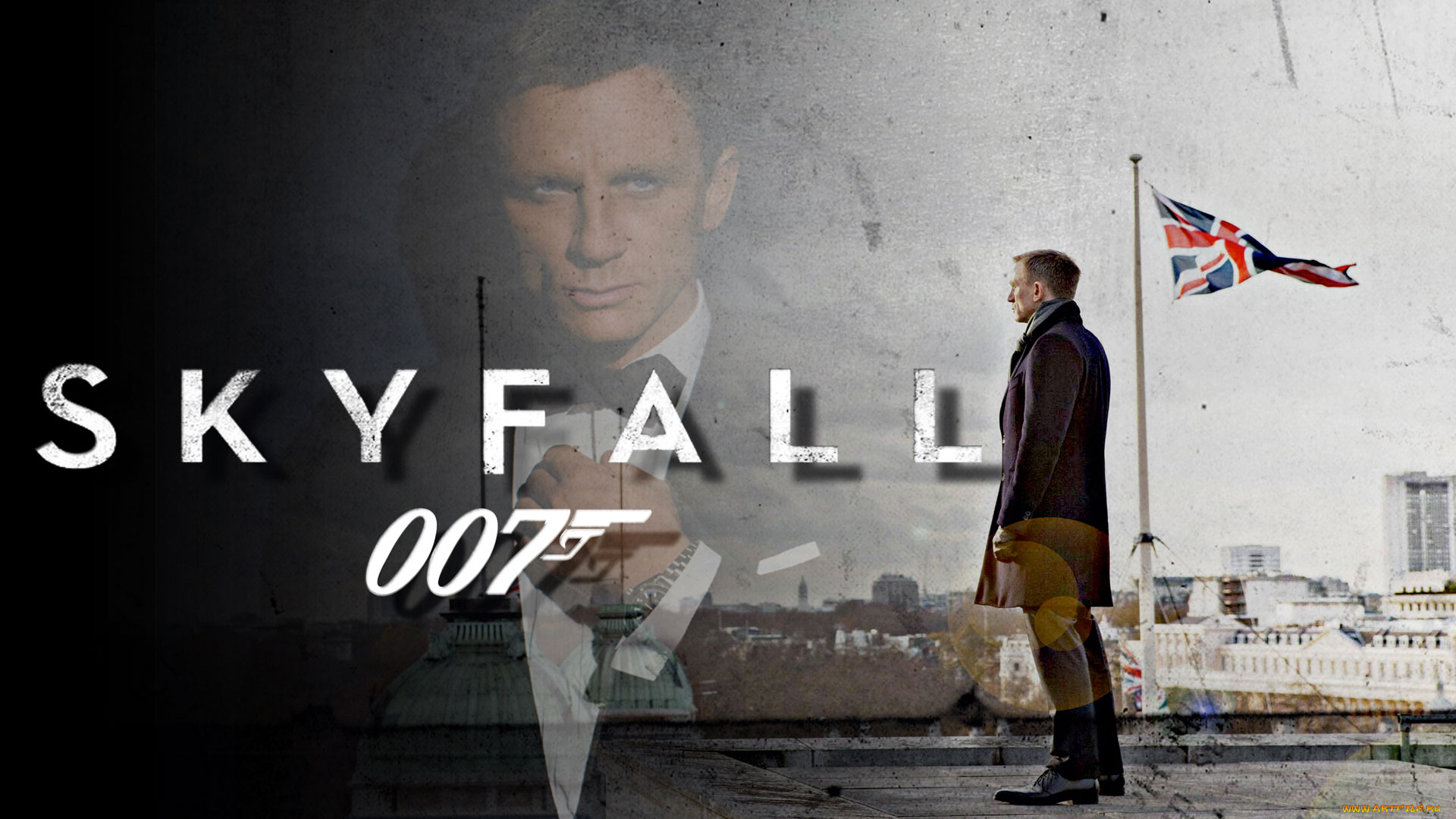 кино, фильмы, 007, , skyfall, крыша, здания, флаг, пальто, джеймс, бонд