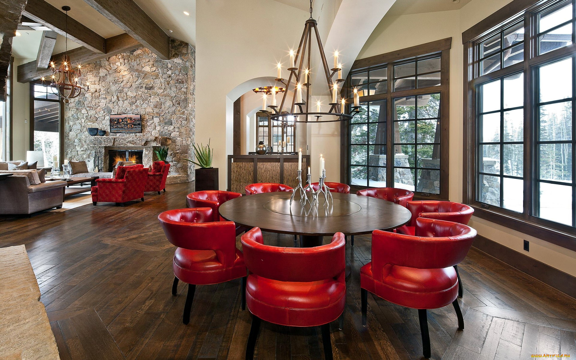 интерьер, гостиная, свечи, люстры, камин