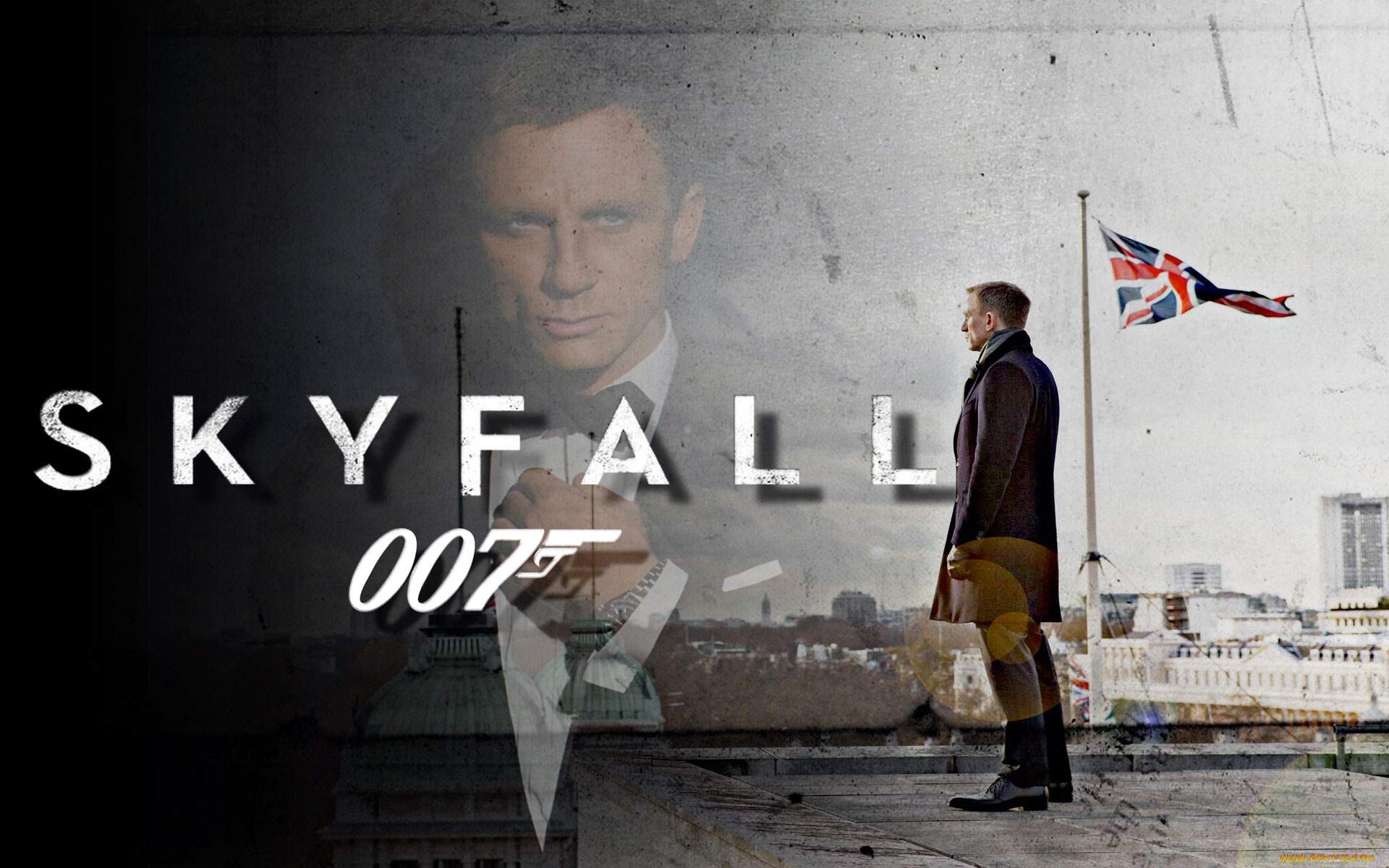 кино, фильмы, 007, , skyfall, крыша, здания, флаг, пальто, джеймс, бонд