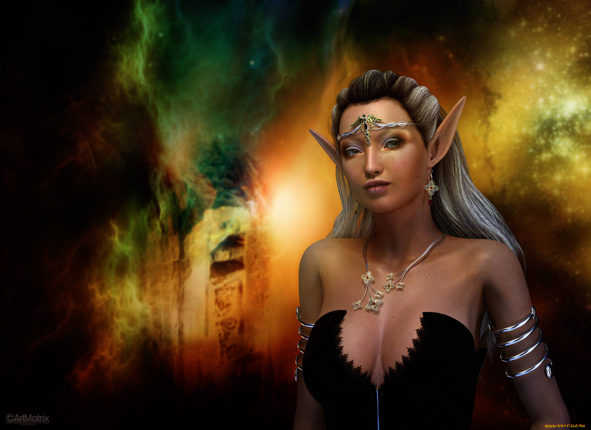 3д, графика, эльфы, , elves, фон, взгляд, эльфийка