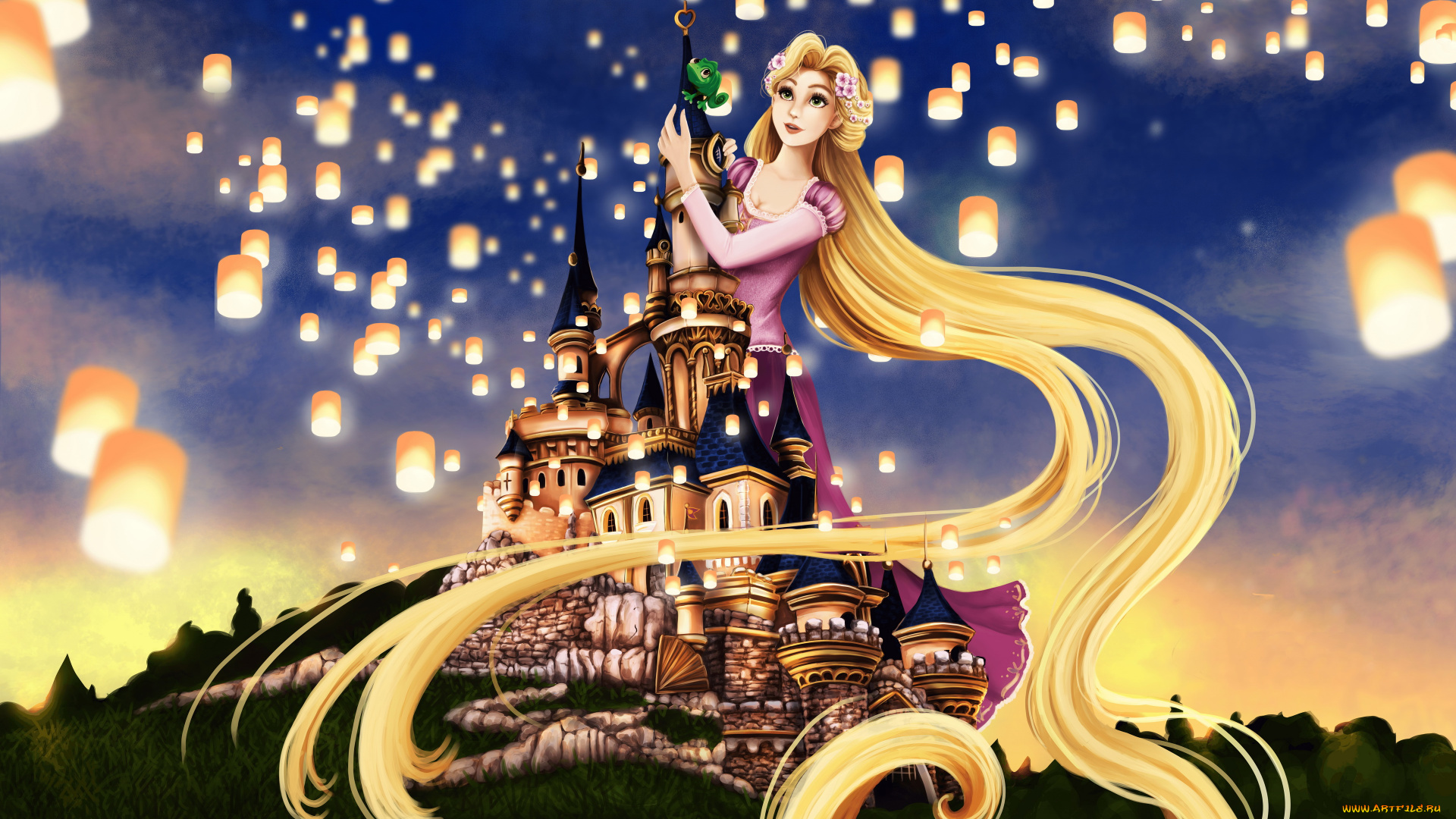 мультфильмы, tangled, девушка, фон, замок