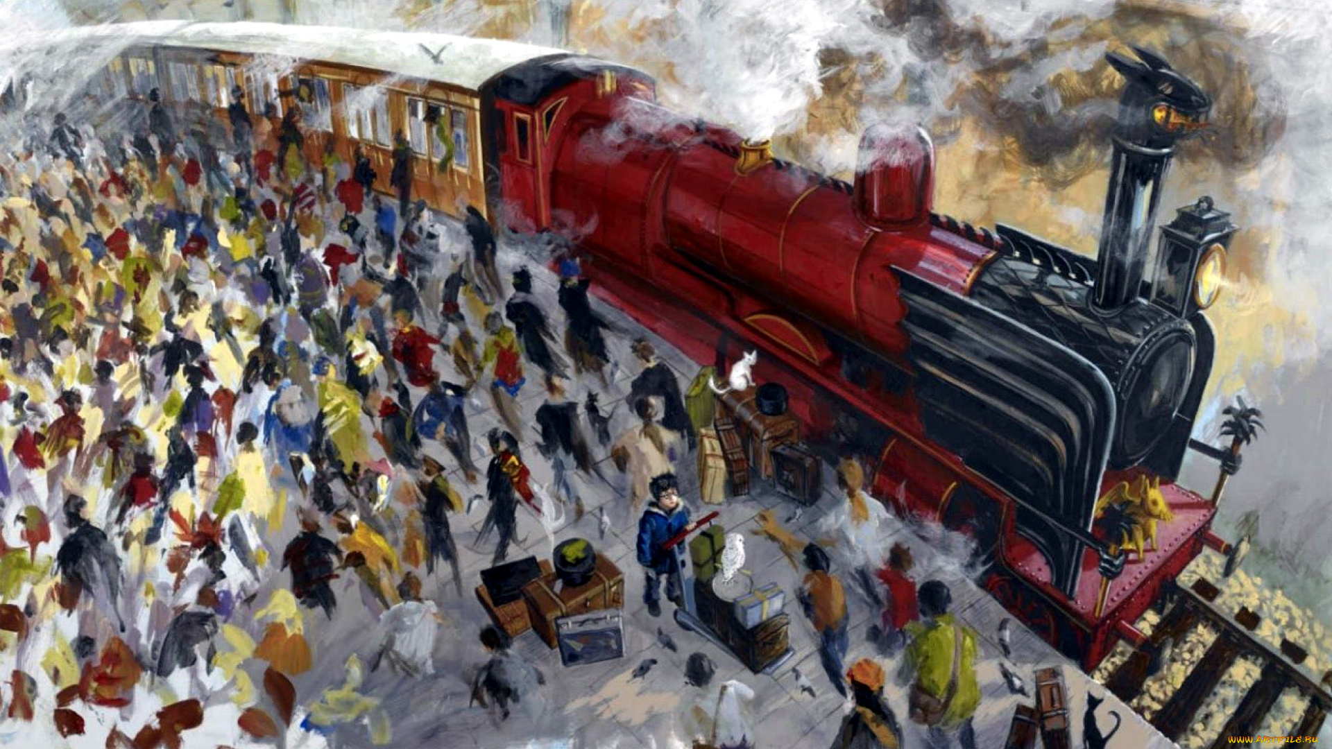 рисованное, кино, , мультфильмы, паровоз, вокзал, люди, чемоданы, животные