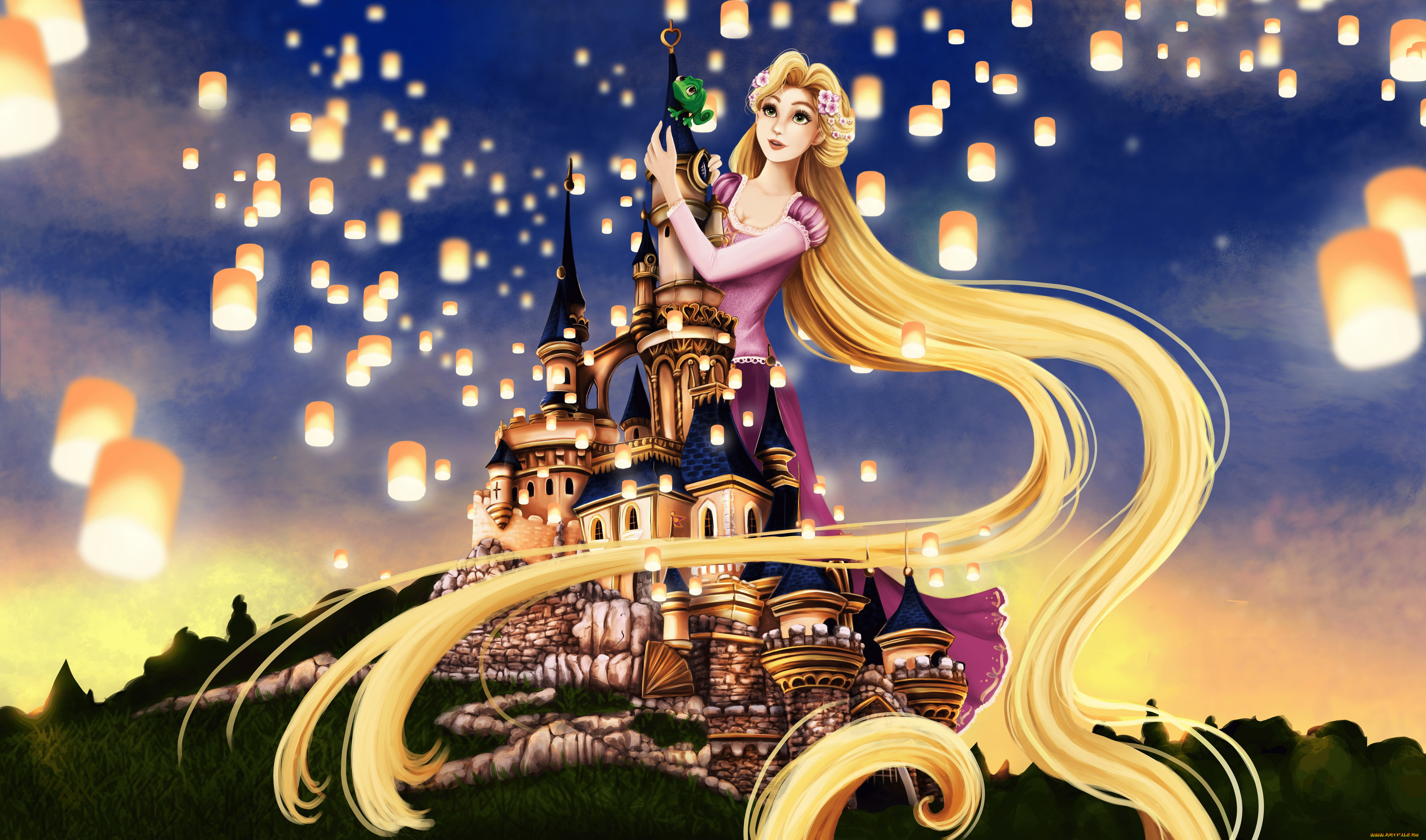 мультфильмы, tangled, девушка, фон, замок