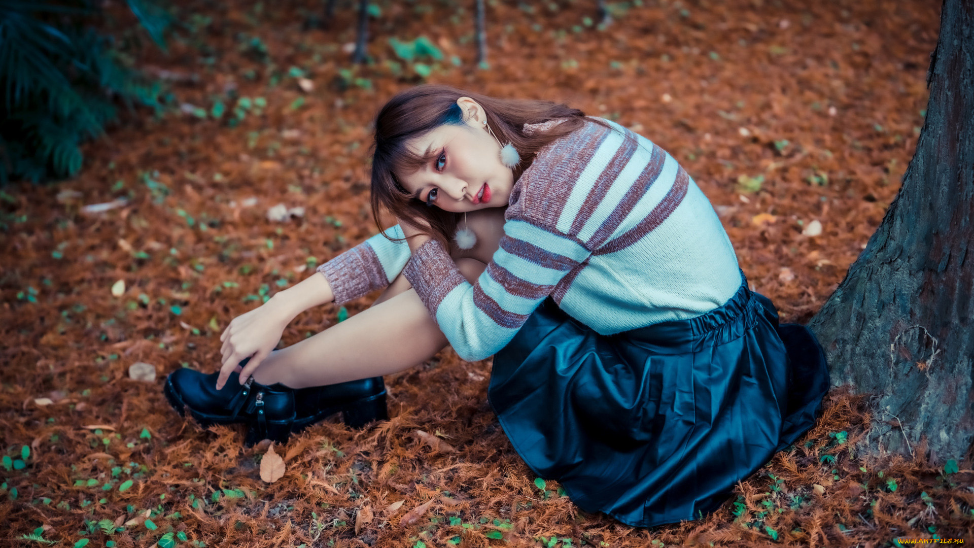 девушки, -, азиатки, азиатка, листья, осень, поза